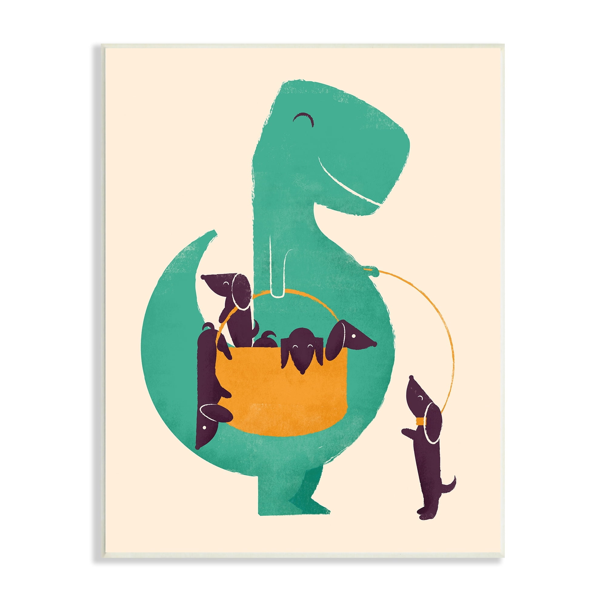 Stupell Industries Cartoon Dinosaur Dachshund Pet Dogs Puppies Basket Wood Wall Art, 10 x 15, Design by Jay Fleck