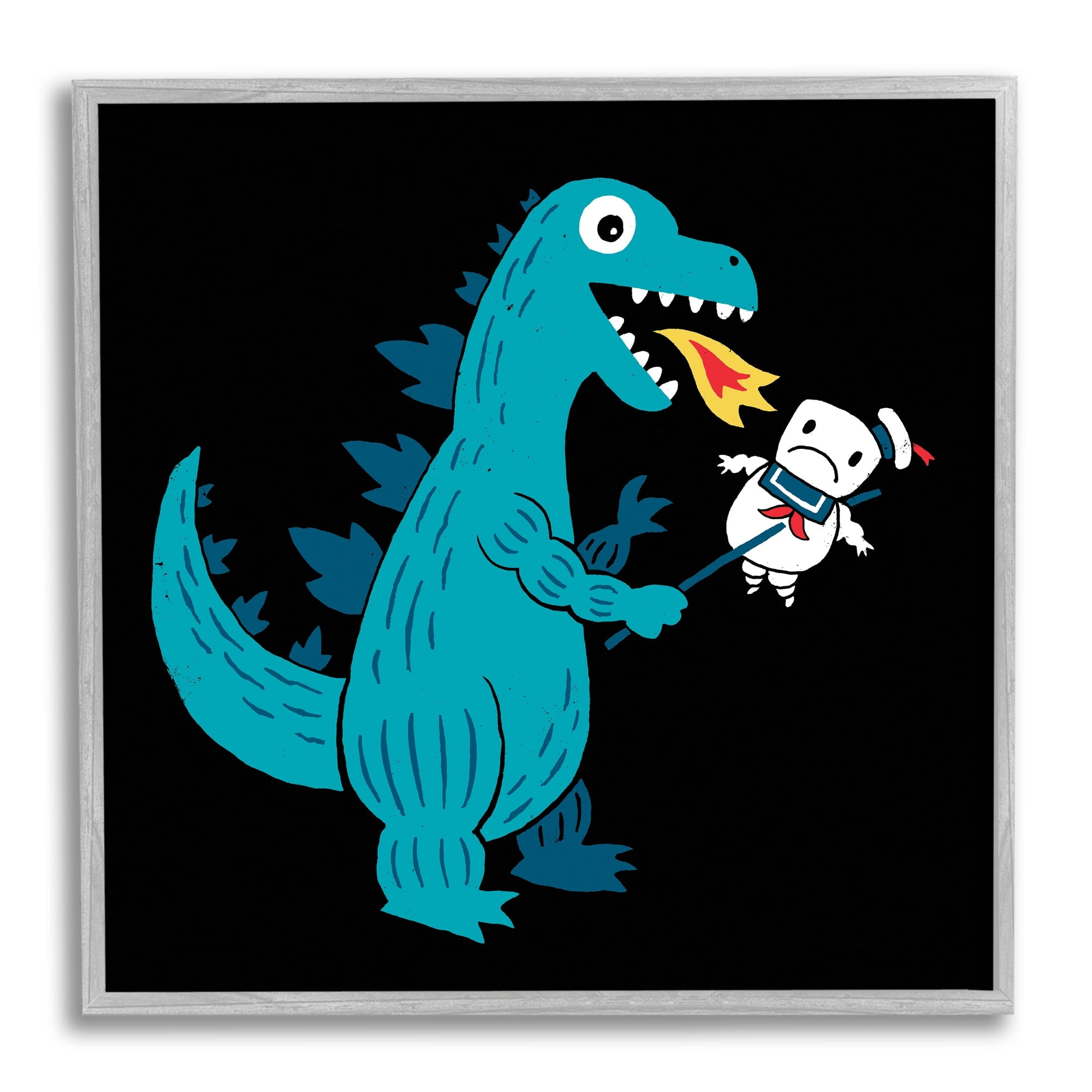Stupell Industries Cartoon Dragon Breathing Fire Marshmallow Man Framed Wall Art, 24 x 24, Design by Michael Buxton