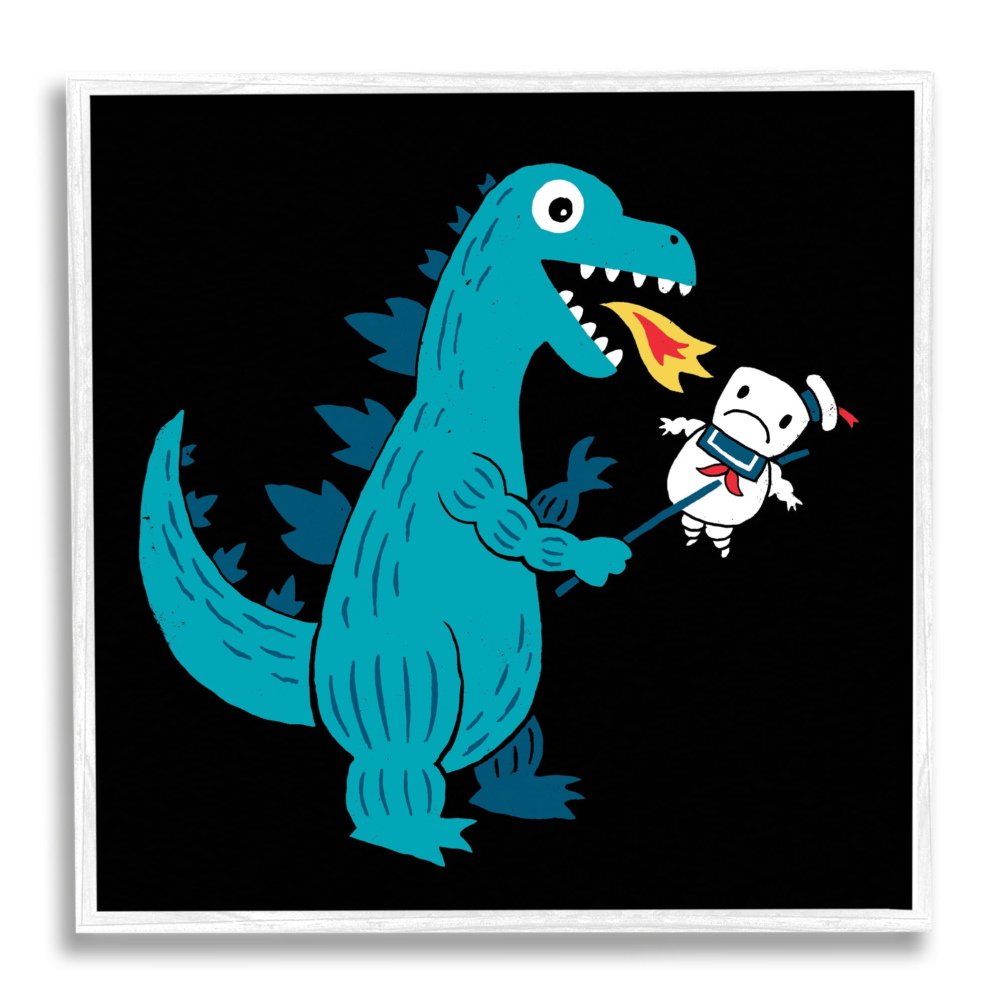 Stupell Industries Cartoon Dragon Breathing Fire Marshmallow Man Framed Wall Art, 24 x 24, Design by Michael Buxton