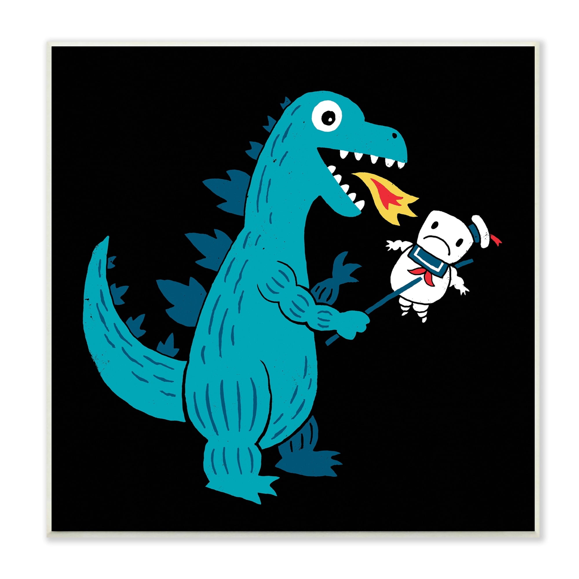 Stupell Industries Cartoon Dragon Breathing Fire Marshmallow Man Wood Wall Art, 12 x 12, Design by Michael Buxton