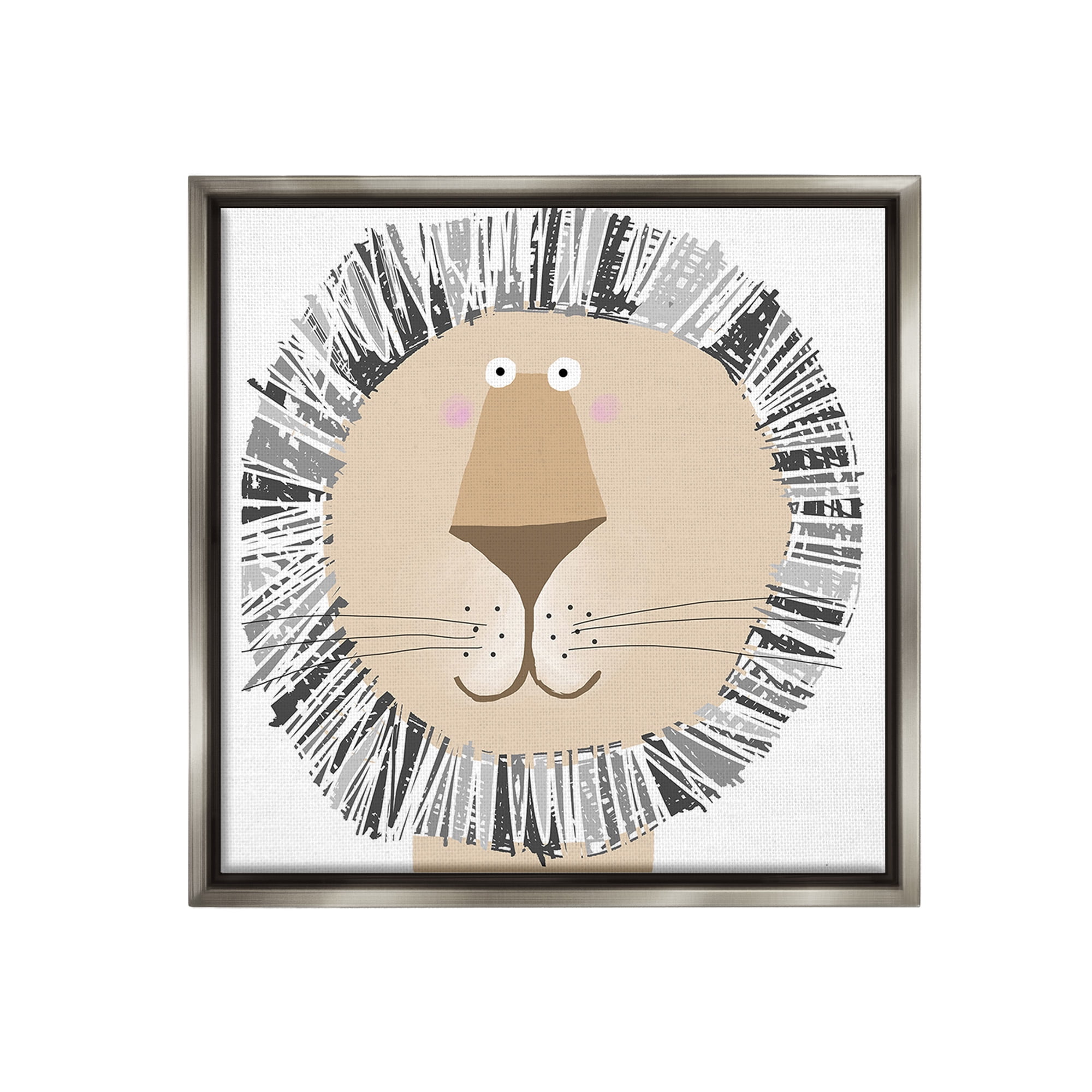Stupell Industries Cartoon Lion Smile Animals & Insects Painting Gray Floater Framed Canvas Art Print Wall Art, 25 x 25
