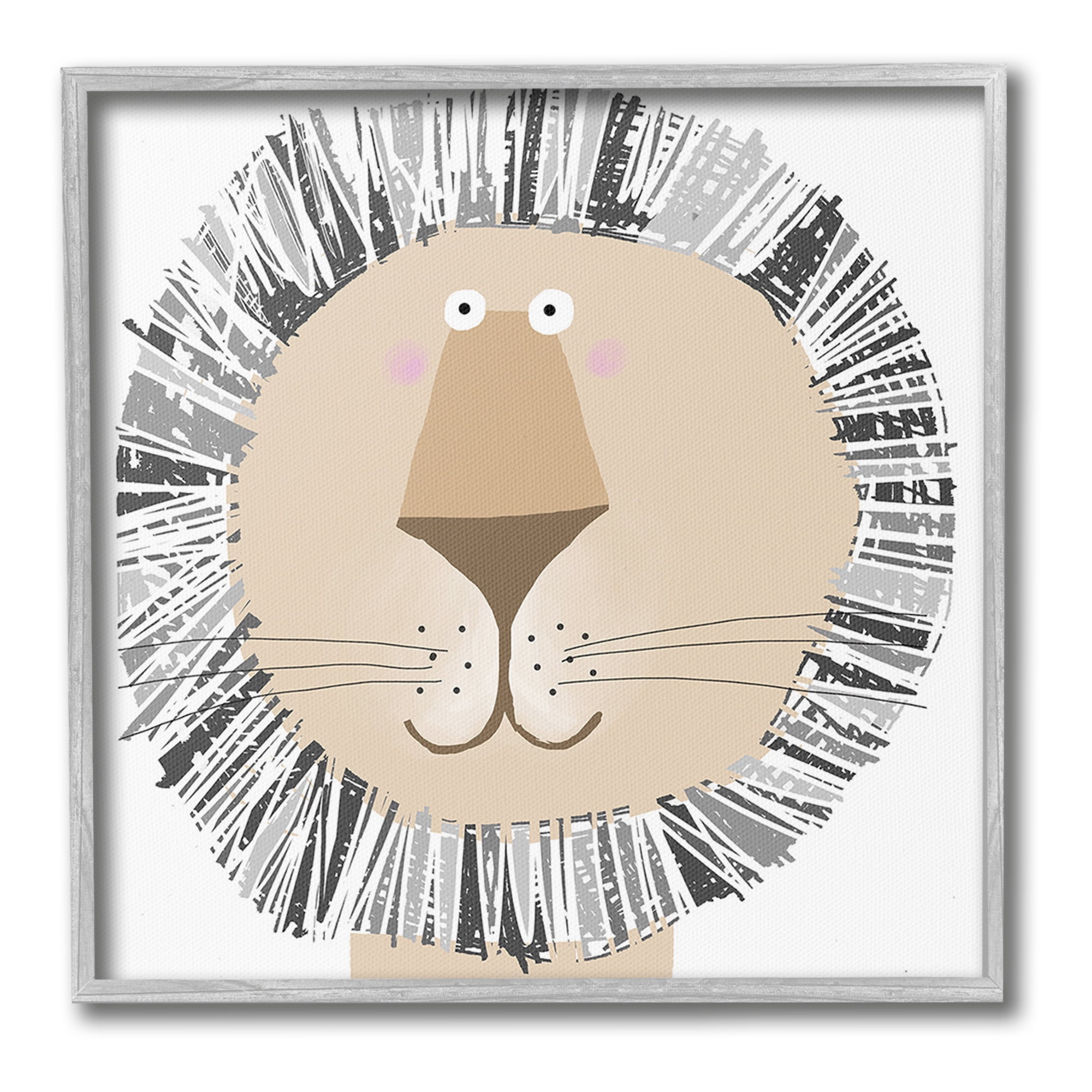 Stupell Industries Cartoon Lion Smile Animals & Insects Painting Gray Framed Art Print Wall Art, 24 x 24