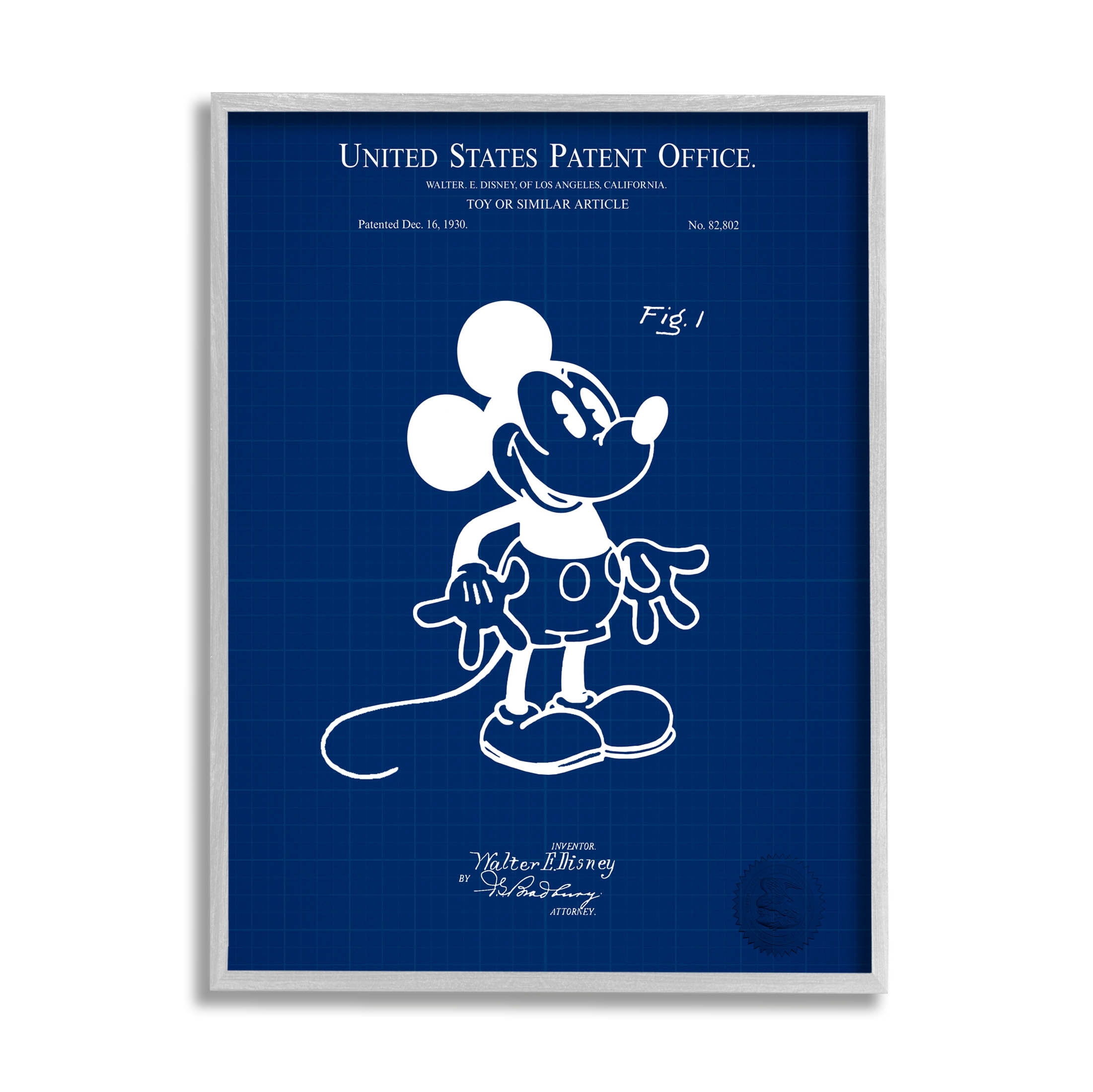 Stupell Industries Cartoon Mouse Character Blueprint Graphic Art Gray Framed Art Print Wall Art, Design by Karl Hronek