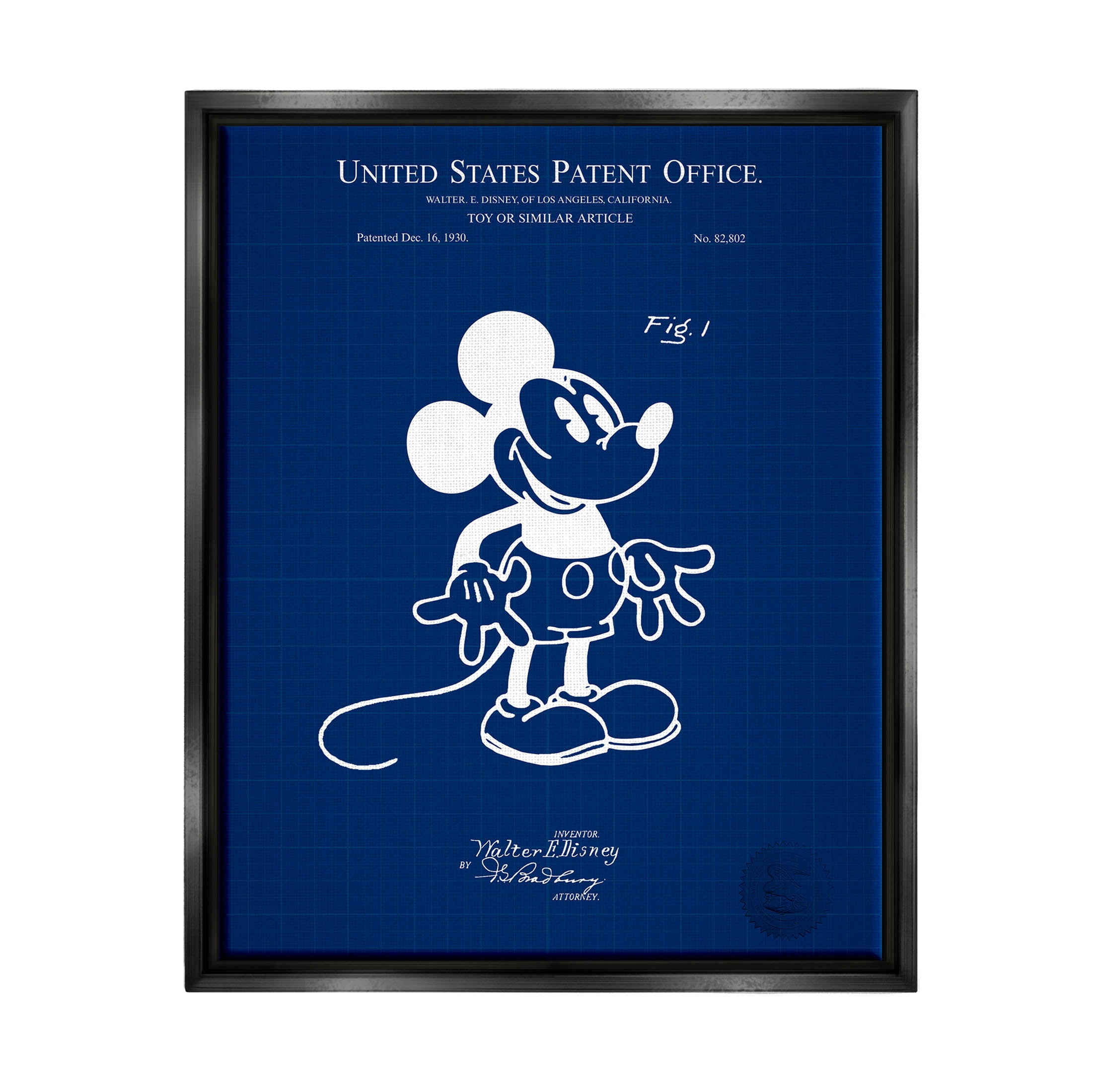Stupell Industries Cartoon Mouse Character Blueprint Graphic Art Jet Black Floating Framed Canvas Print Wall Art, Design by Karl Hronek