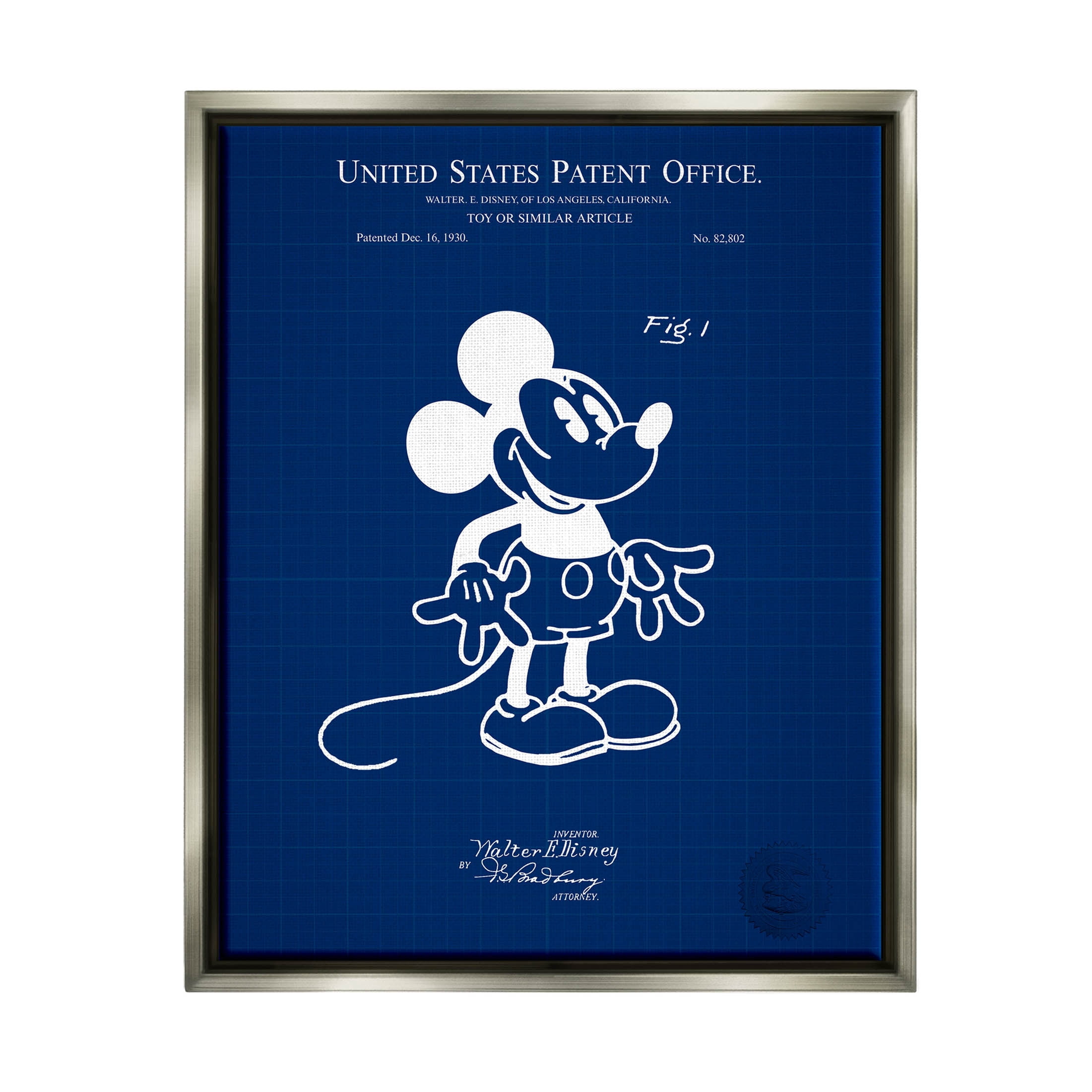 Stupell Industries Cartoon Mouse Character Blueprint Graphic Art Luster Gray Floating Framed Canvas Print Wall Art, Design by Karl Hronek
