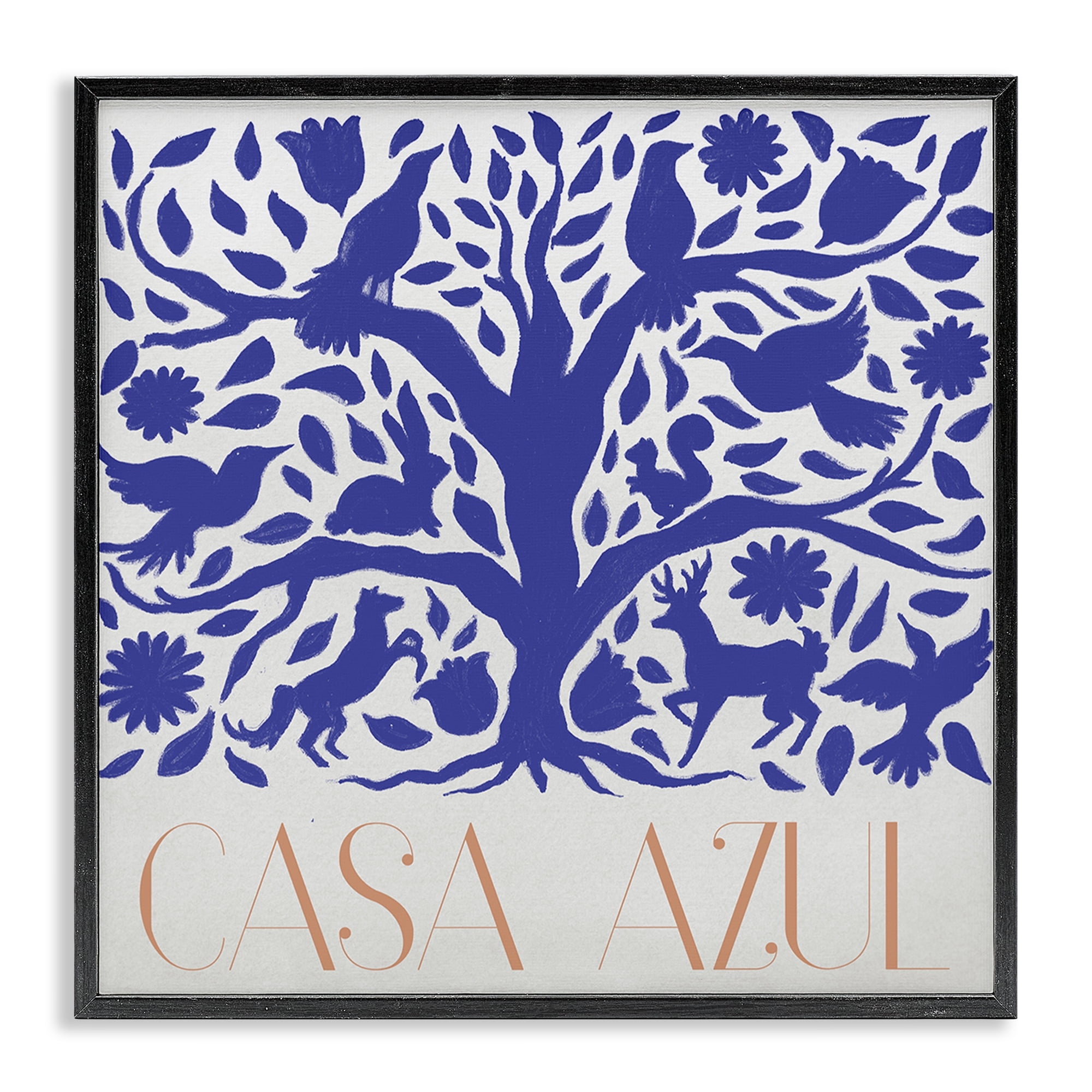 Stupell Industries Casa Azul Árbol y Animales Animals Painting Black Framed Art Print Wall Art, 24 x 24