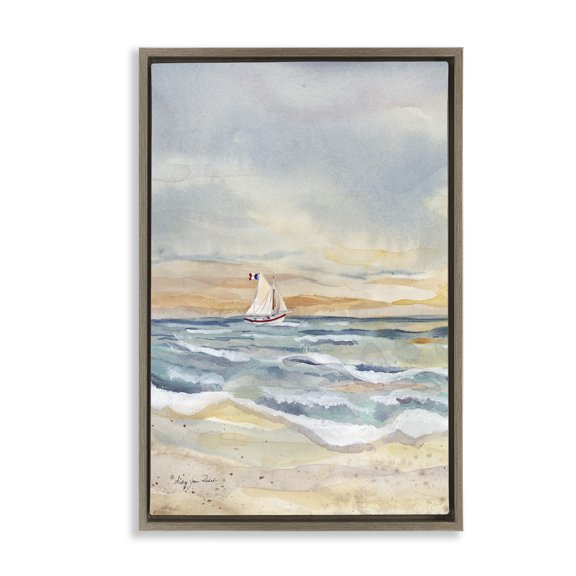 Stupell Industries Cascading Waves & Sailboat Brown Framed Floater Canvas Wall Art design by Audrey Jeanne Roberts, 31 x 21