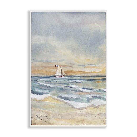 Stupell Industries Cascading Waves & Sailboat White Framed Giclee Art design by Audrey Jeanne Roberts, 18 x 12