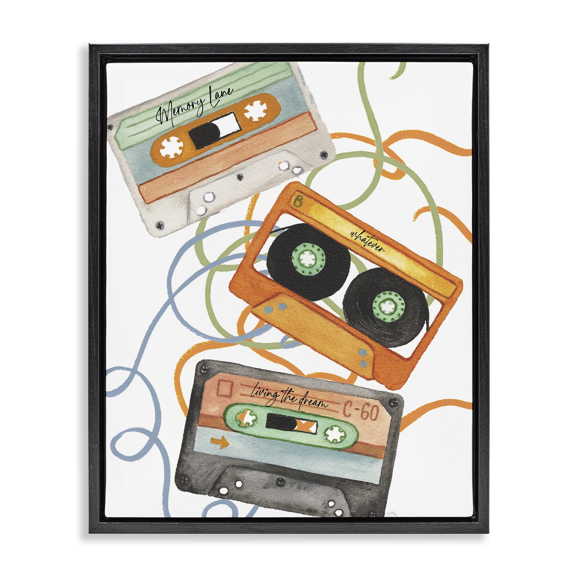 Stupell Industries Cassette Mix Tapes Trio Black Framed Floater Canvas Wall Art, design by Elizabeth Medley