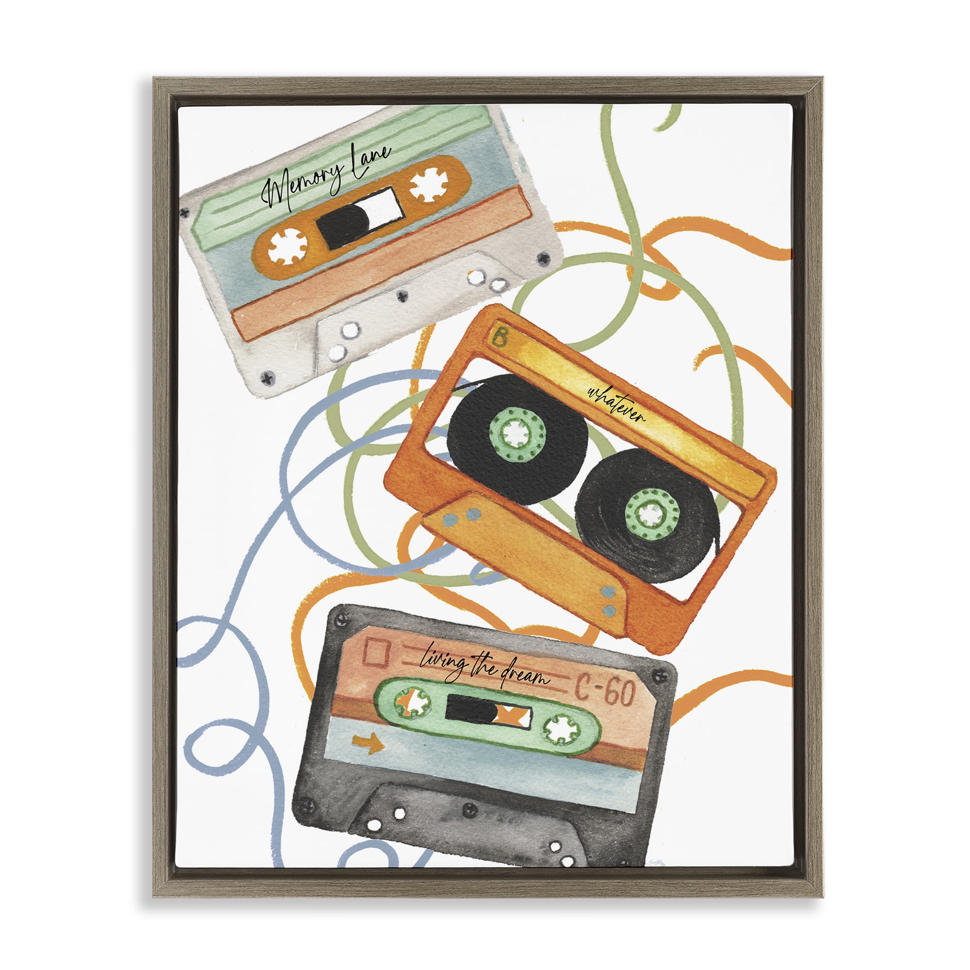Stupell Industries Cassette Mix Tapes Trio Brown Framed Floater Canvas Wall Art, design by Elizabeth Medley