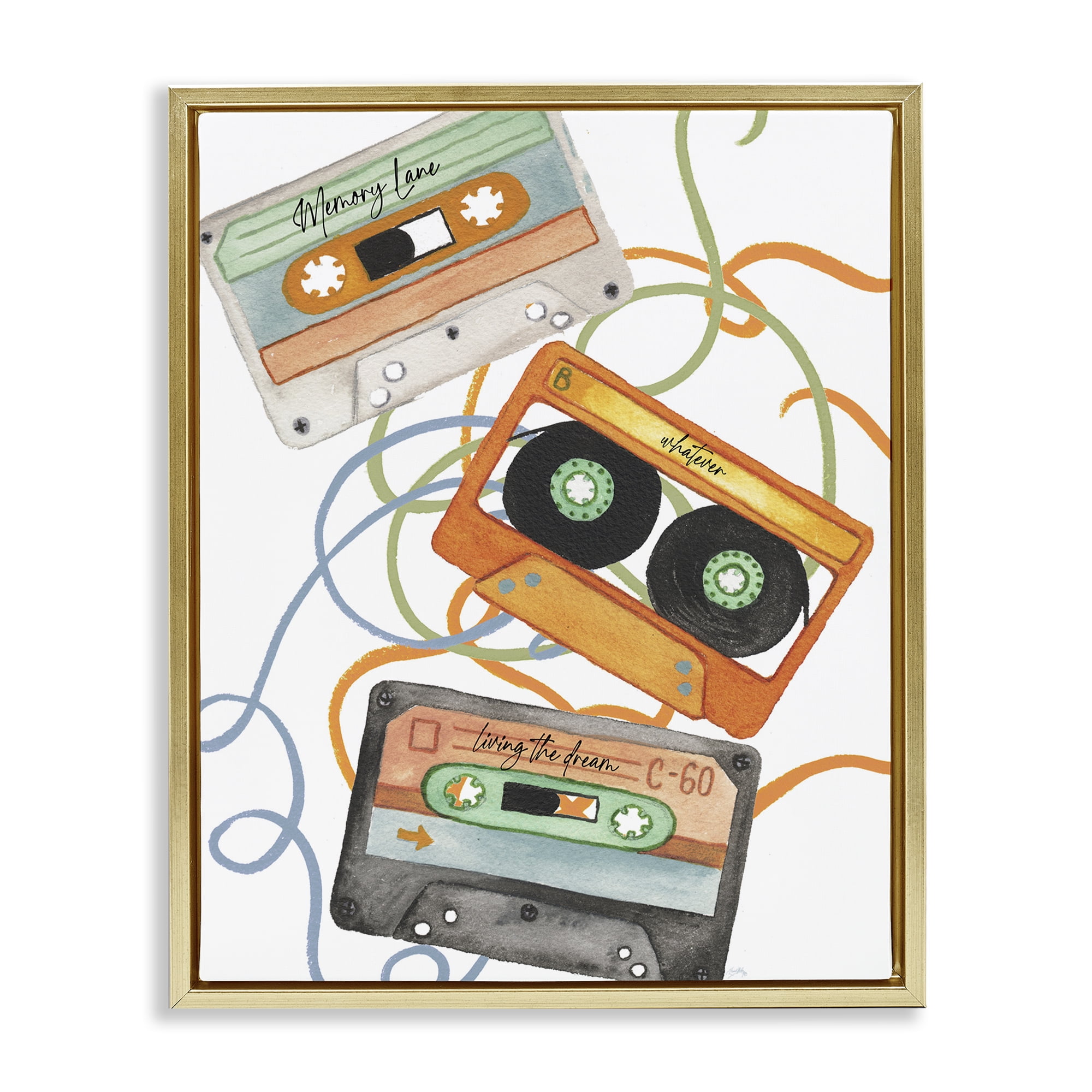 Stupell Industries Cassette Mix Tapes Trio Gold Framed Floater Canvas Wall Art, design by Elizabeth Medley