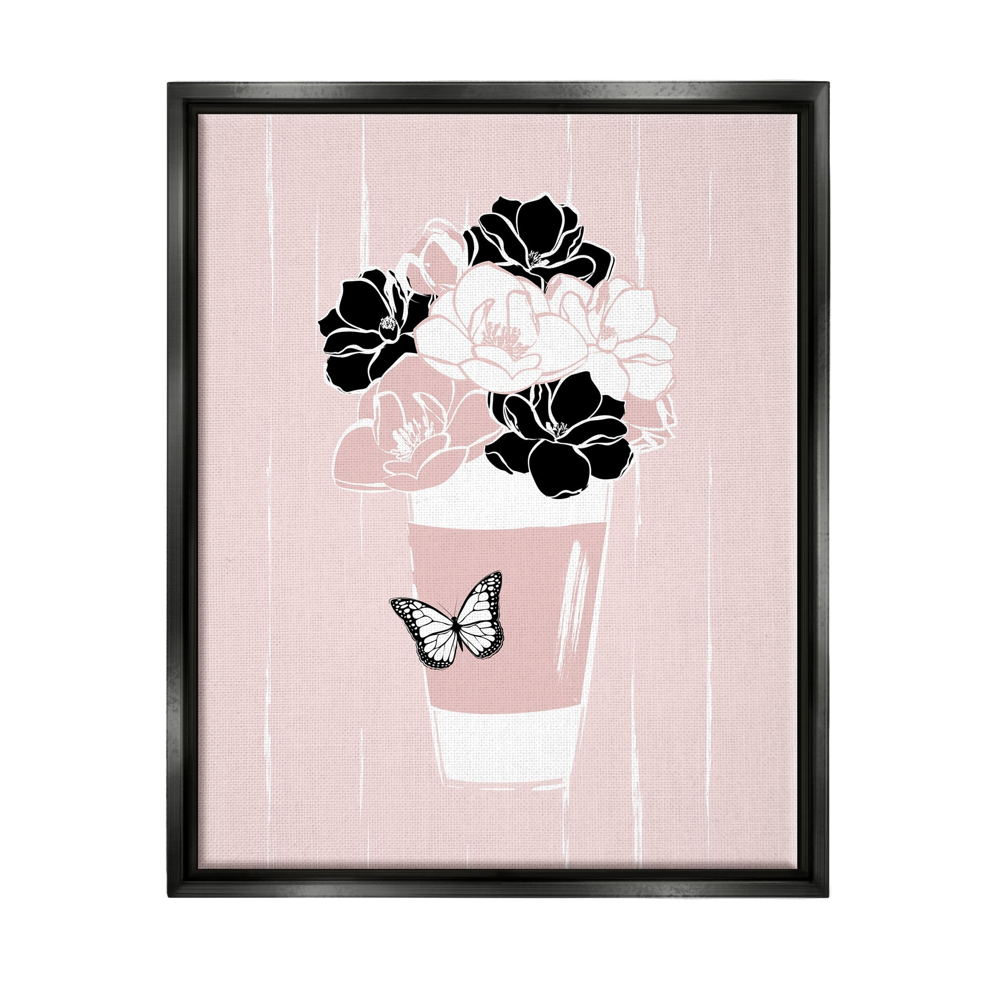 Stupell Industries Casual Coffee Cup Pink Assorted Flowers Arrangement Graphic Art Jet Black Floating Framed Canvas Print Wall Art, Design by Martina Pavlova