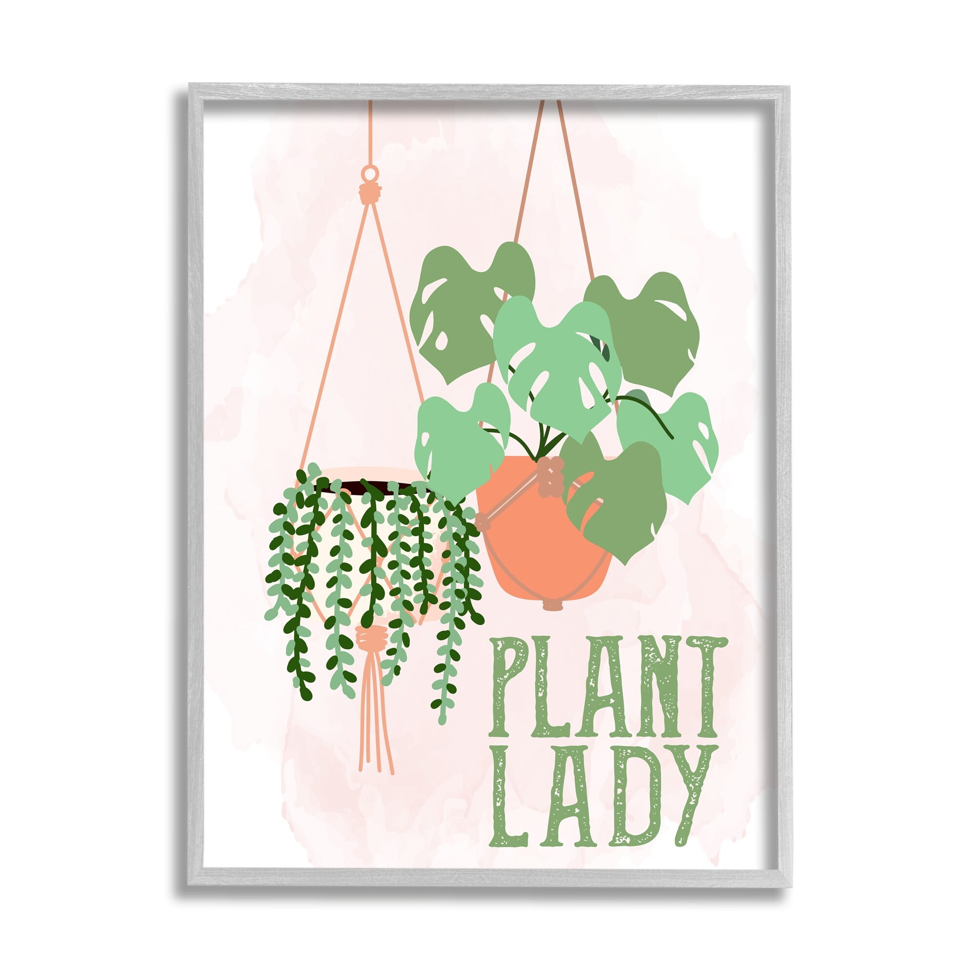 Stupell Industries Casual Plant Lady Hanging Green Potted Vegetation Graphic Art Gray Framed Art Print Wall Art, Design by Kim Allen