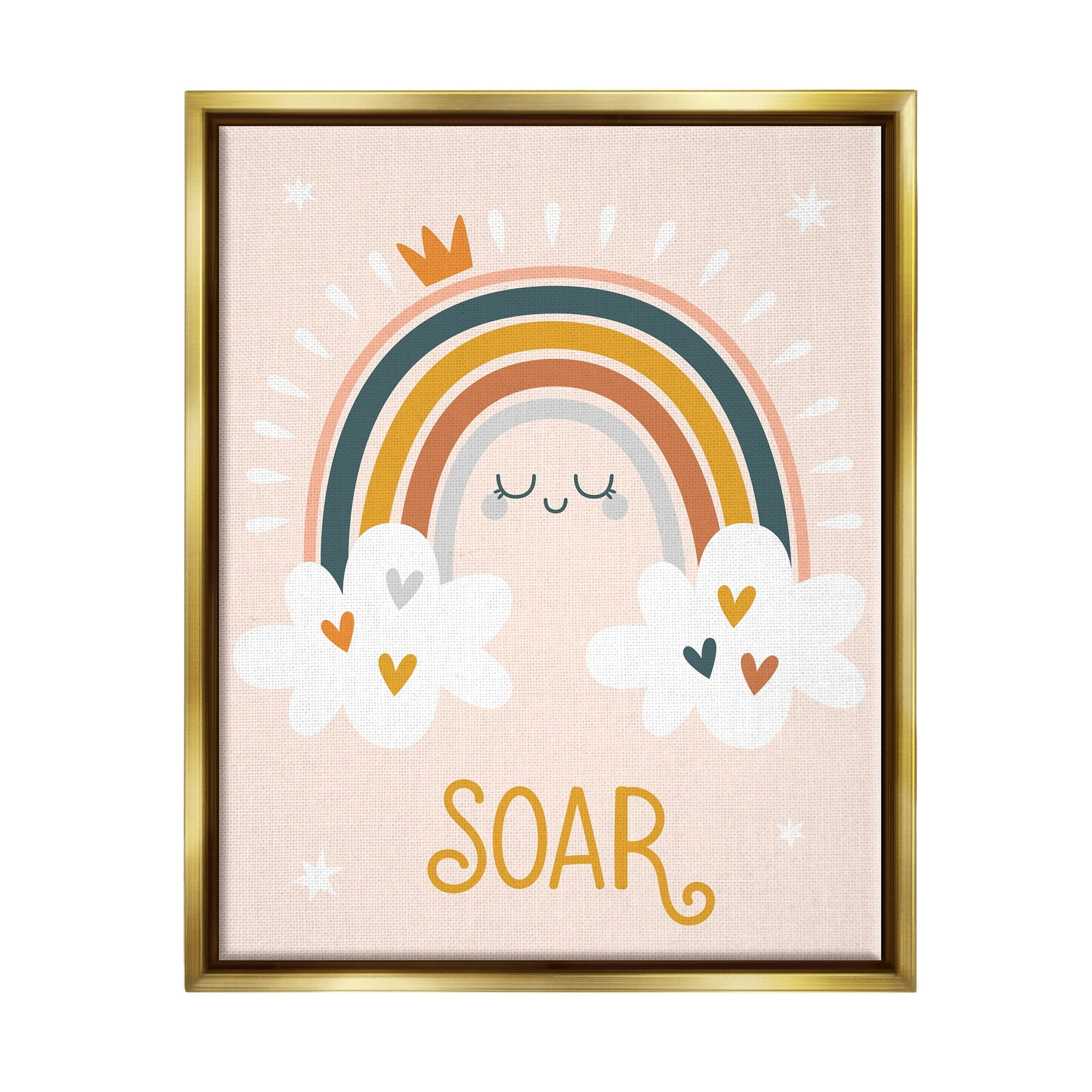 Stupell Industries Casual Soar Calligraphy Smiling Rainbow Hearts Stars Graphic Art Metallic Gold Floating Framed Canvas Print Wall Art, Design by Ilis Aviles