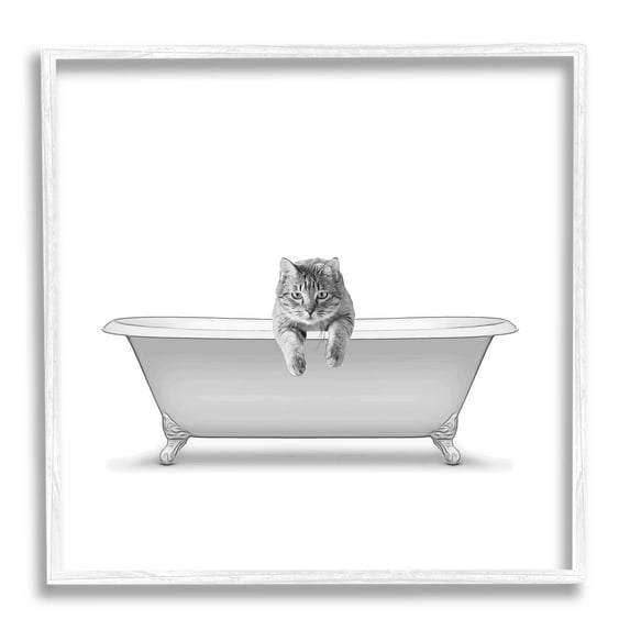 Stupell Industries Cat Antique Tub Funny Bathroom Graphic Art White Framed Art Print Wall Art, Design by Annalisa Latella