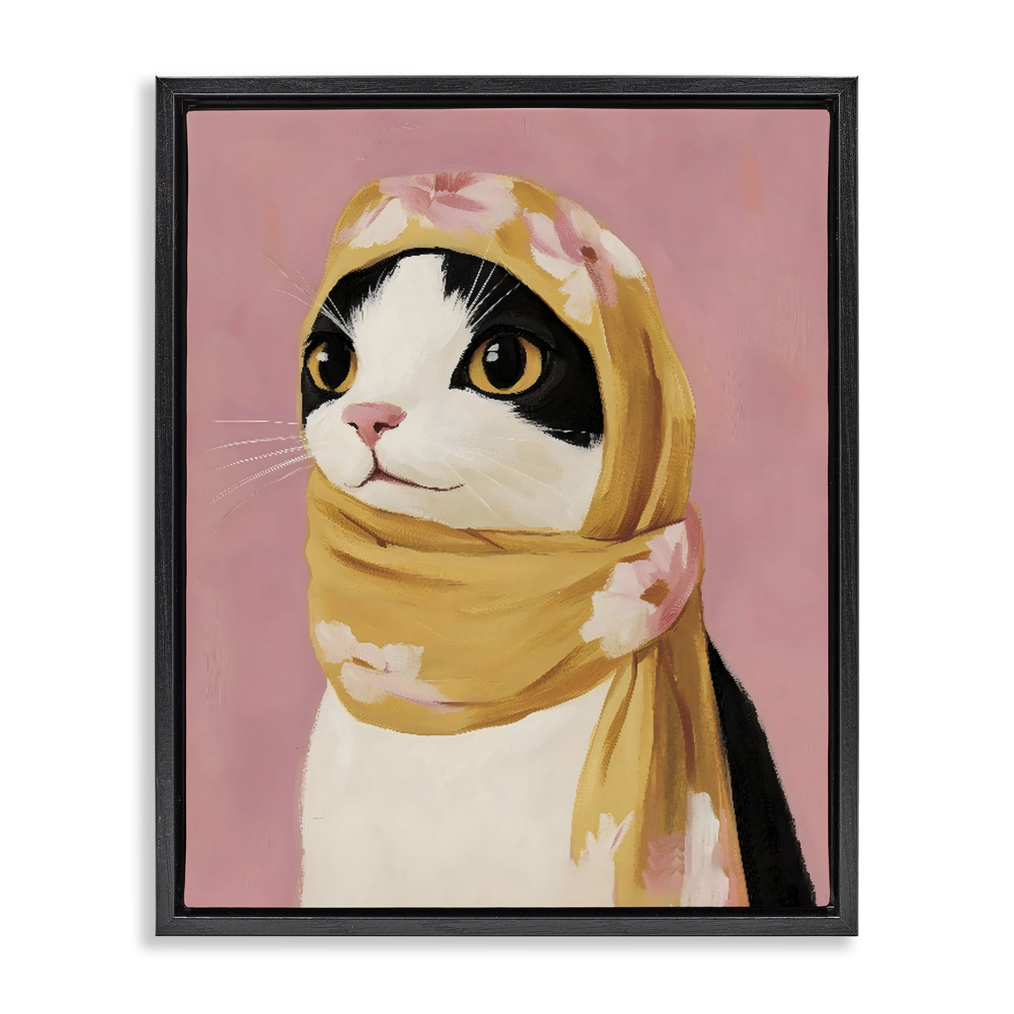 Stupell Industries Cat Babushka in Yellow Scarf Black Framed Floater Canvas Wall Art, design by The Prints Vibe