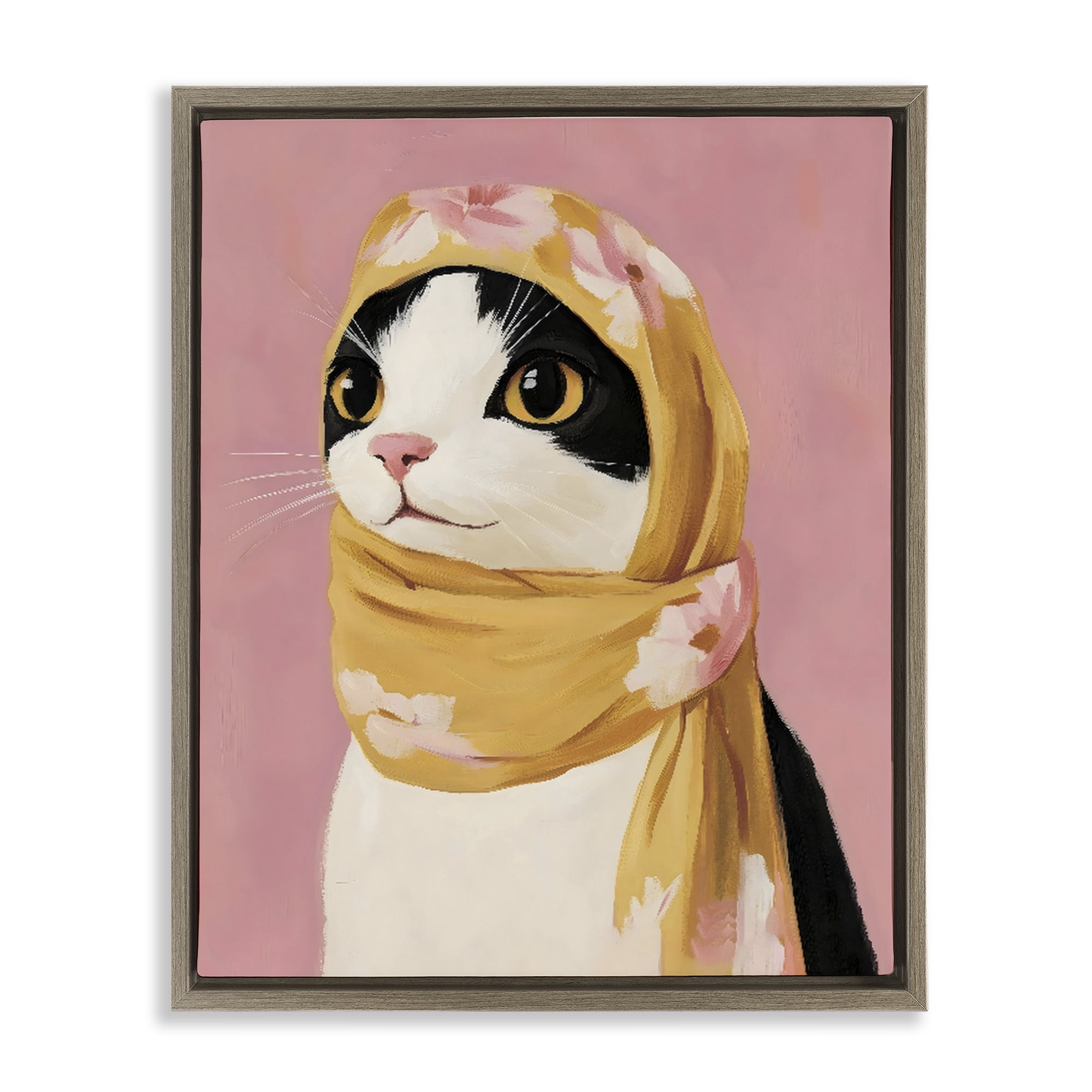 Stupell Industries Cat Babushka in Yellow Scarf Brown Framed Floater Canvas Wall Art, design by The Prints Vibe
