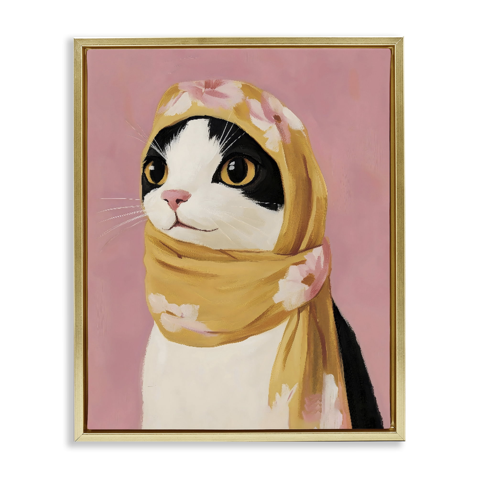 Stupell Industries Cat Babushka in Yellow Scarf Gold Framed Floater Canvas Wall Art, design by The Prints Vibe