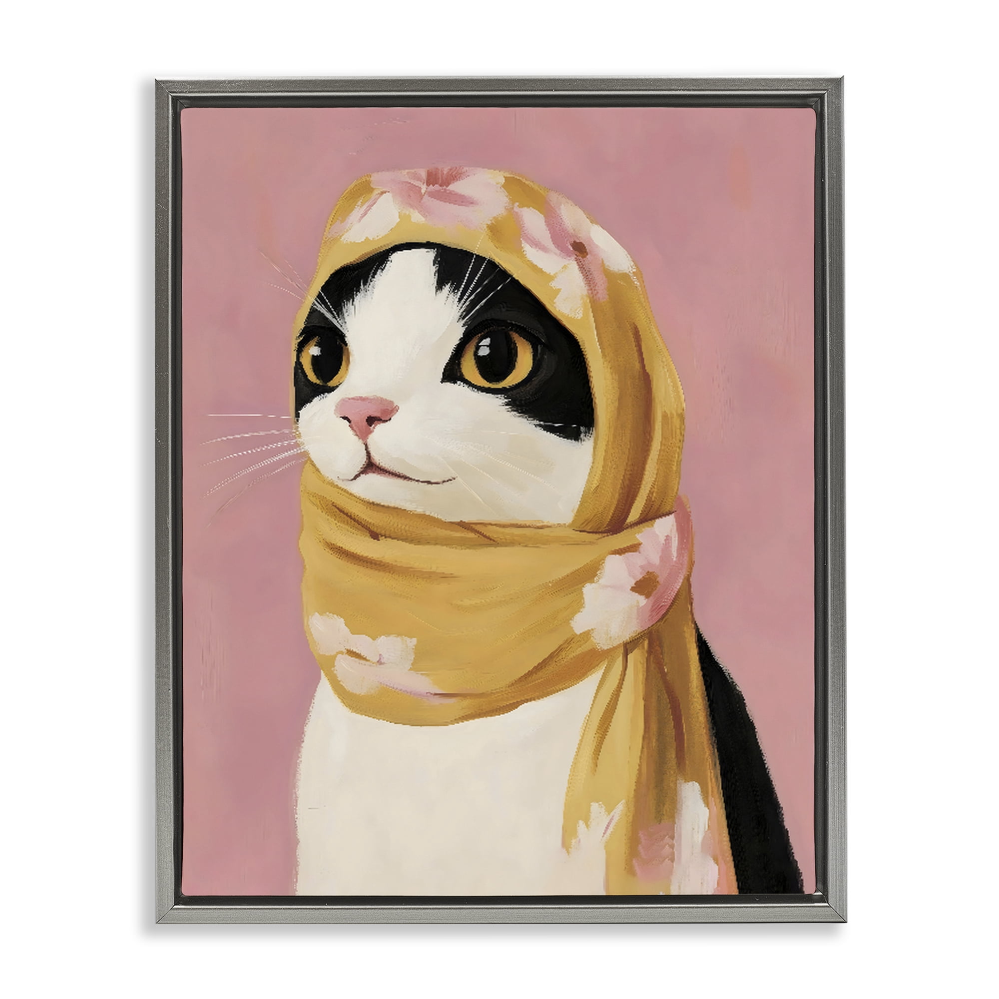 Stupell Industries Cat Babushka in Yellow Scarf Gray Framed Floater Canvas Wall Art, design by The Prints Vibe