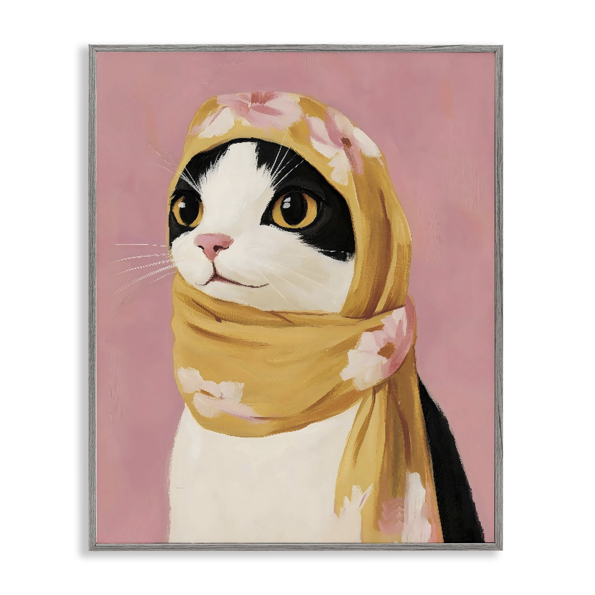 Stupell Industries Cat Babushka in Yellow Scarf Gray Framed Giclee Art, design by The Prints Vibe