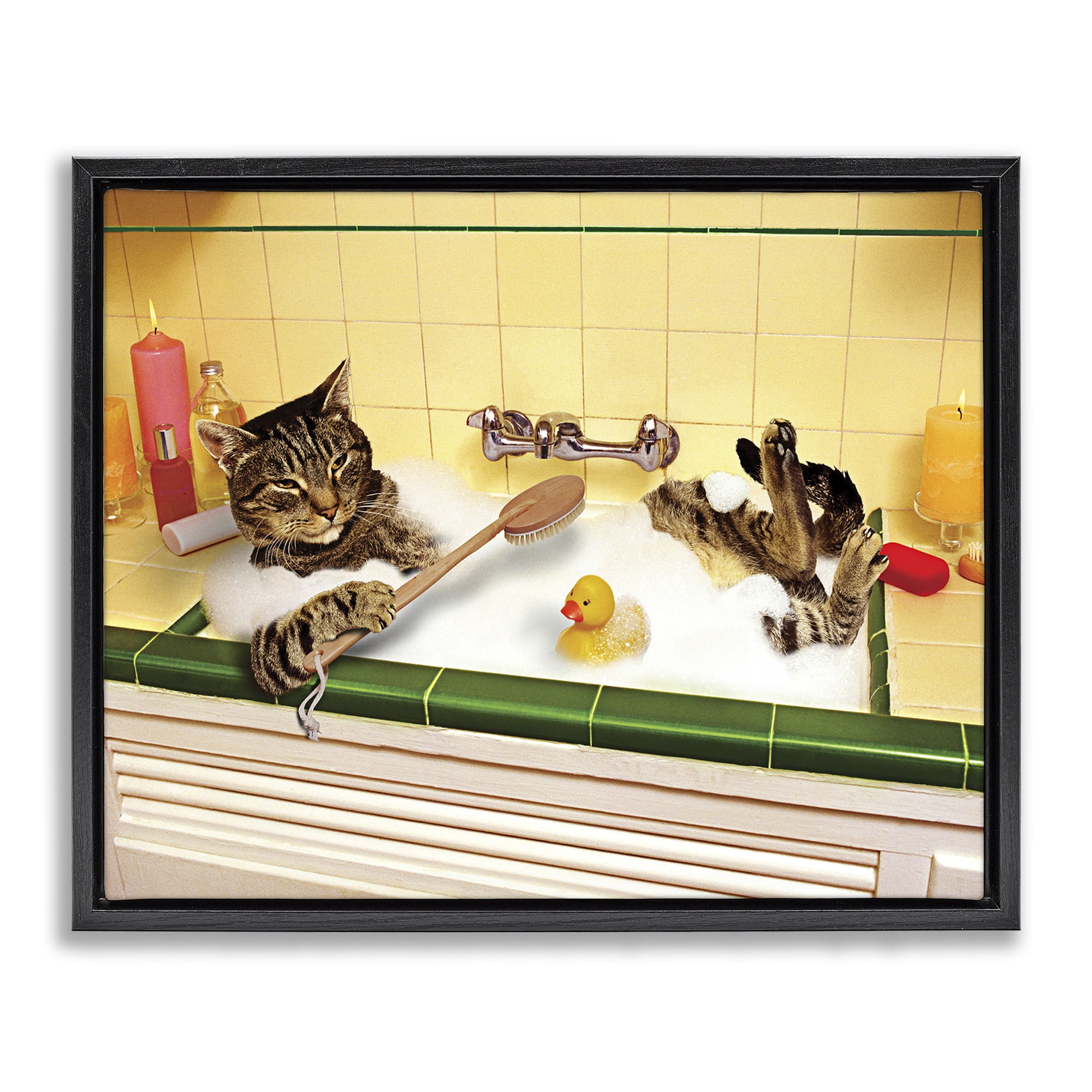 Stupell Industries Cat Bathing in Tub Typography Painting Black Floater Framed Canvas Art Print Wall Art, 21 x 17