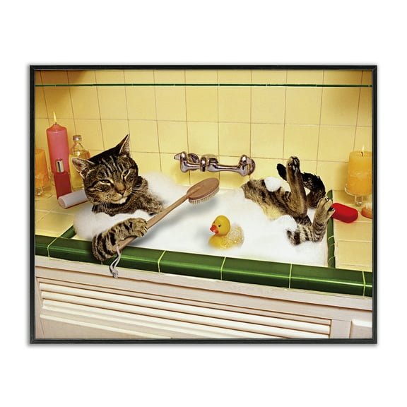 Stupell Industries Cat Bathing in Tub Typography Painting Black Framed Art Print Wall Art, 14 x 11