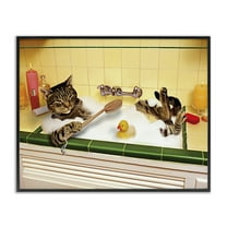 Stupell Industries Cat Bathing in Tub Typography Painting Black Framed Art Print Wall Art, 14 x 11