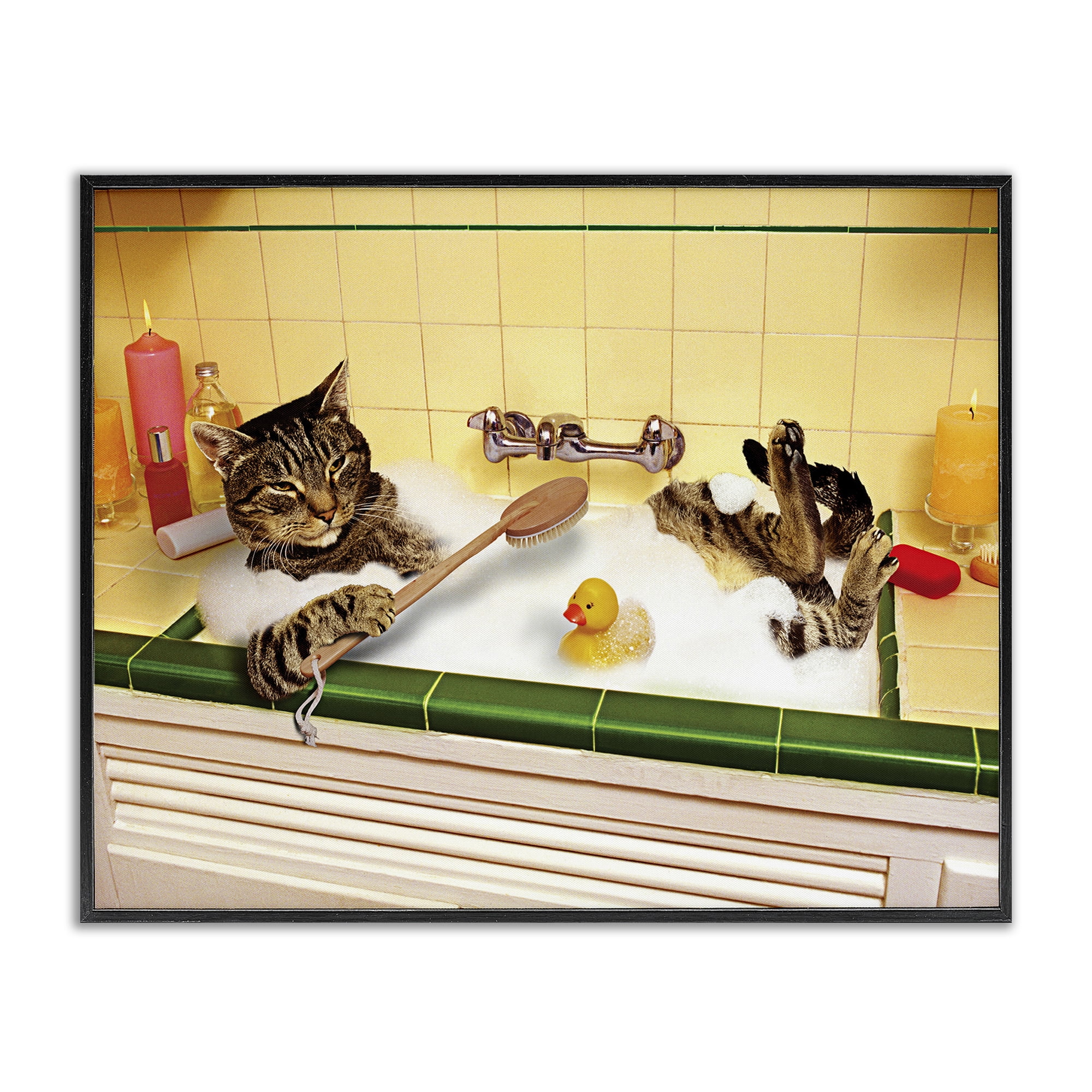 Stupell Industries Cat Bathing in Tub Typography Painting Black Framed Art Print Wall Art, 30 x 24
