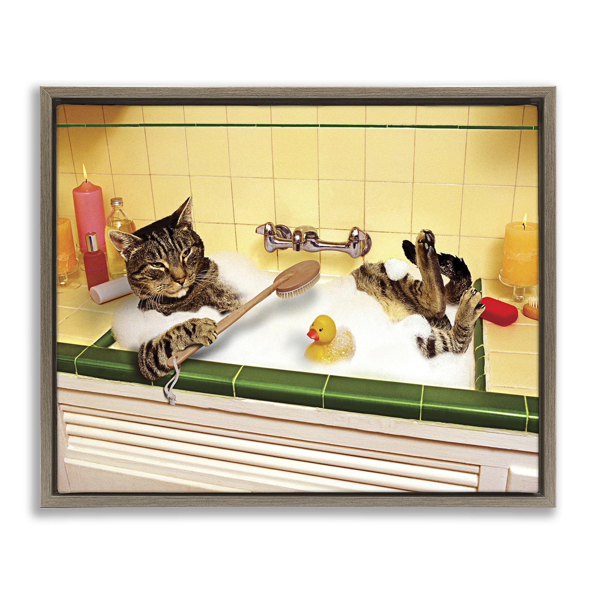 Stupell Industries Cat Bathing in Tub Typography Painting Brown Floater Framed Canvas Art Print Wall Art, 21 x 17