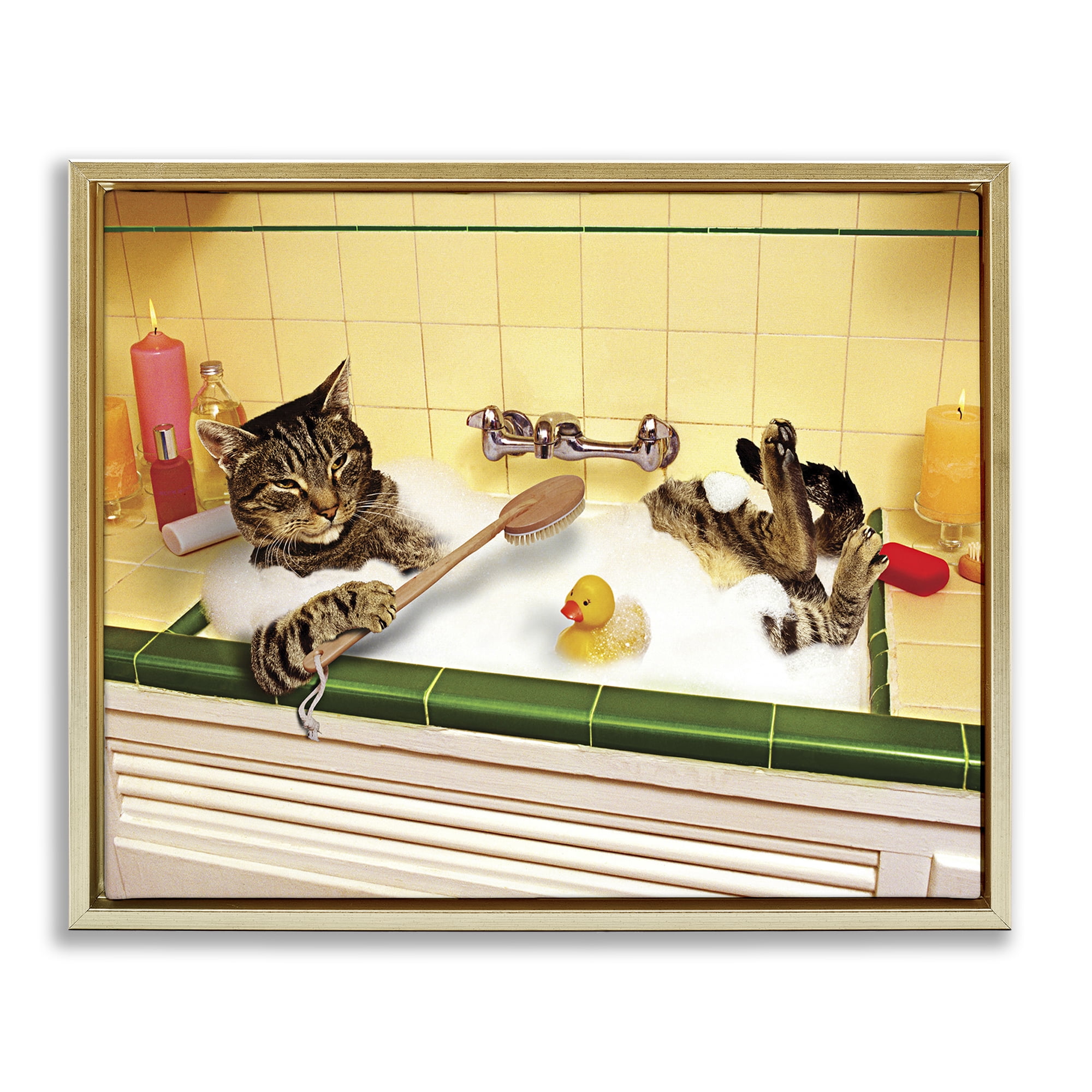 Stupell Industries Cat Bathing in Tub Typography Painting Gold Floater Framed Canvas Art Print Wall Art, 31 x 25
