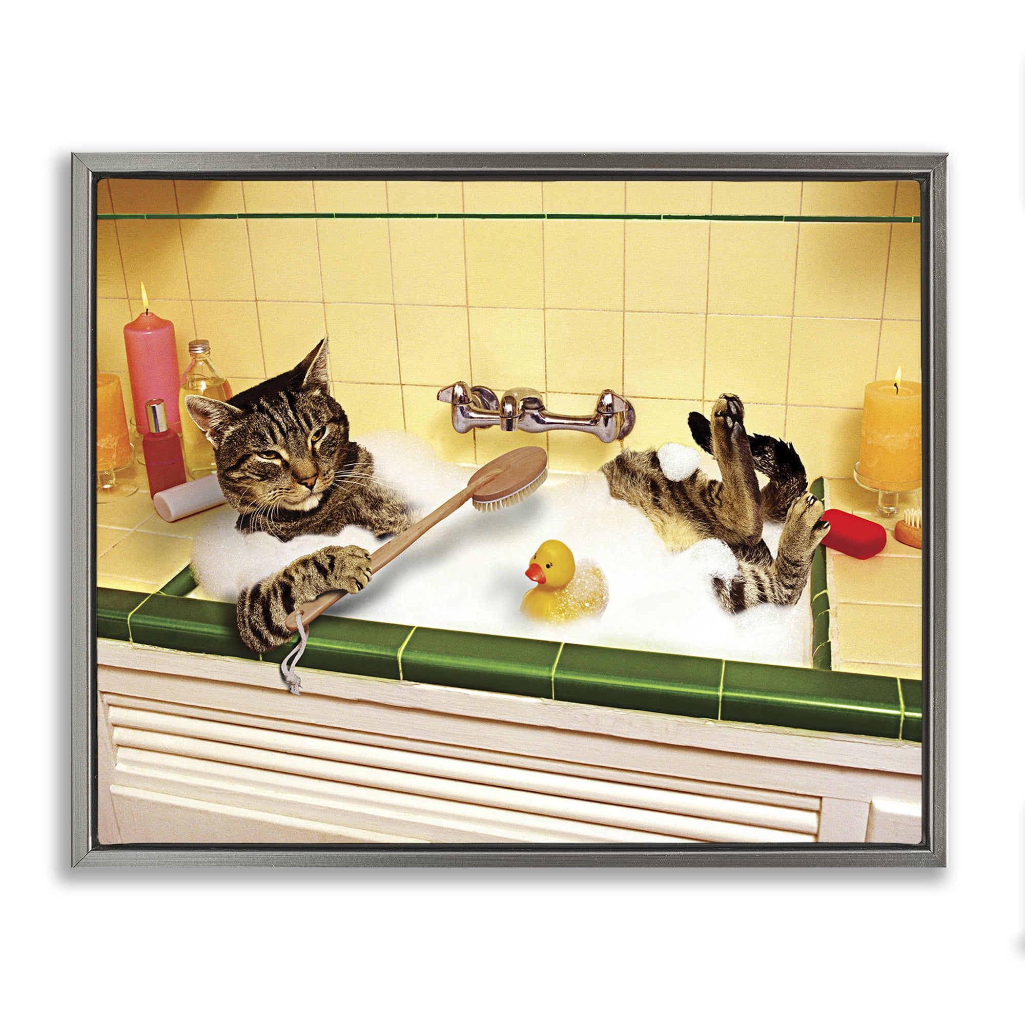 Stupell Industries Cat Bathing in Tub Typography Painting Gray Floater Framed Canvas Art Print Wall Art, 31 x 25