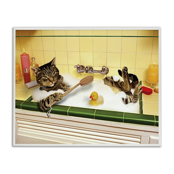 Stupell Industries Cat Bathing in Tub Typography Painting White Framed Art Print Wall Art, 14 x 11