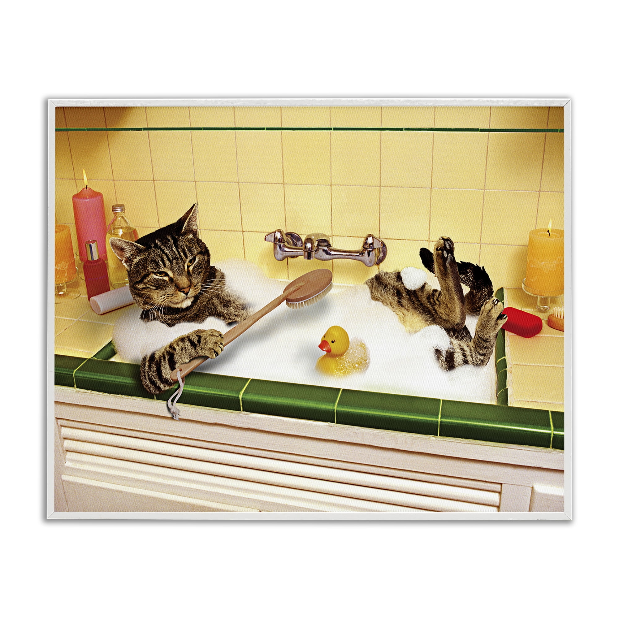 Stupell Industries Cat Bathing in Tub Typography Painting White Framed Art Print Wall Art, 30 x 24