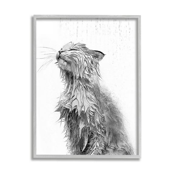 Stupell Industries Cat Bathroom Splash Animals & Insects Painting Gray Framed Art Print Wall Art, 16 x 20