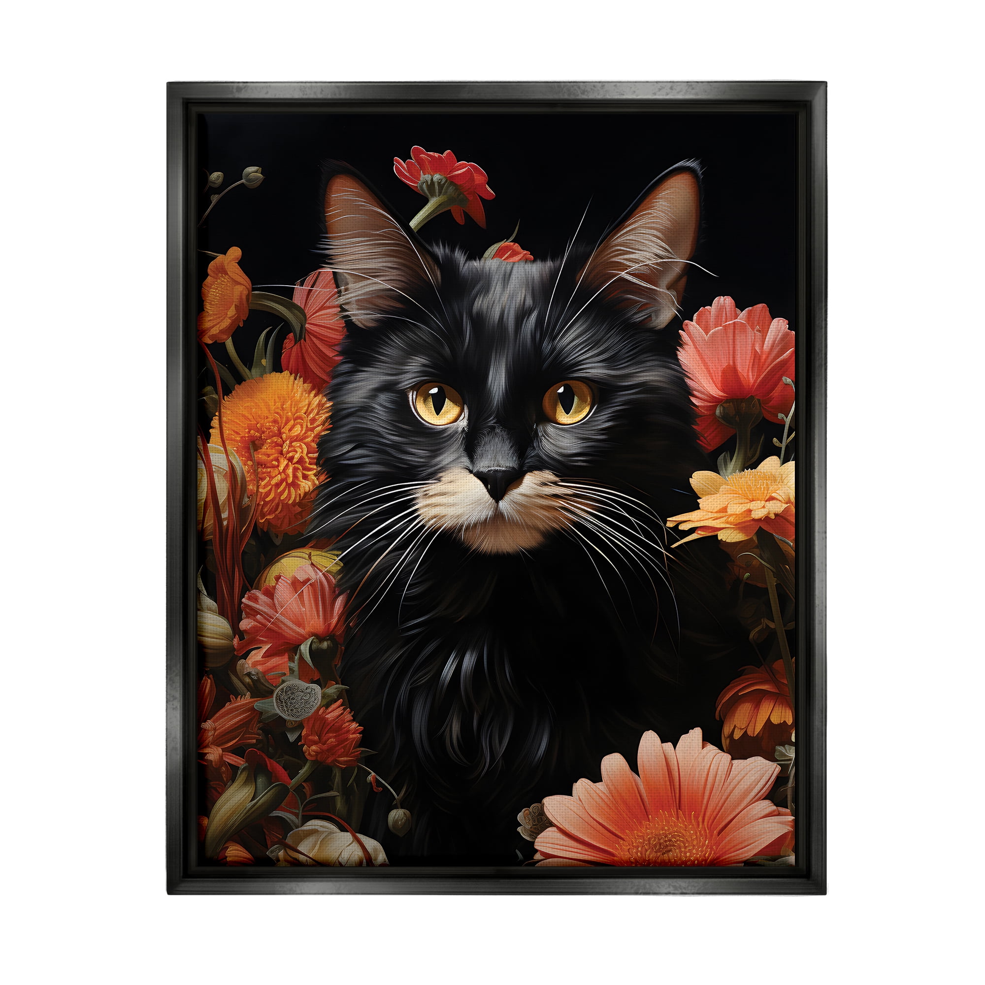 Stupell Industries Cat & Blooming Flowers Animals & Insects Painting Black Floater Framed Canvas Art Print Wall Art, 25 x 31