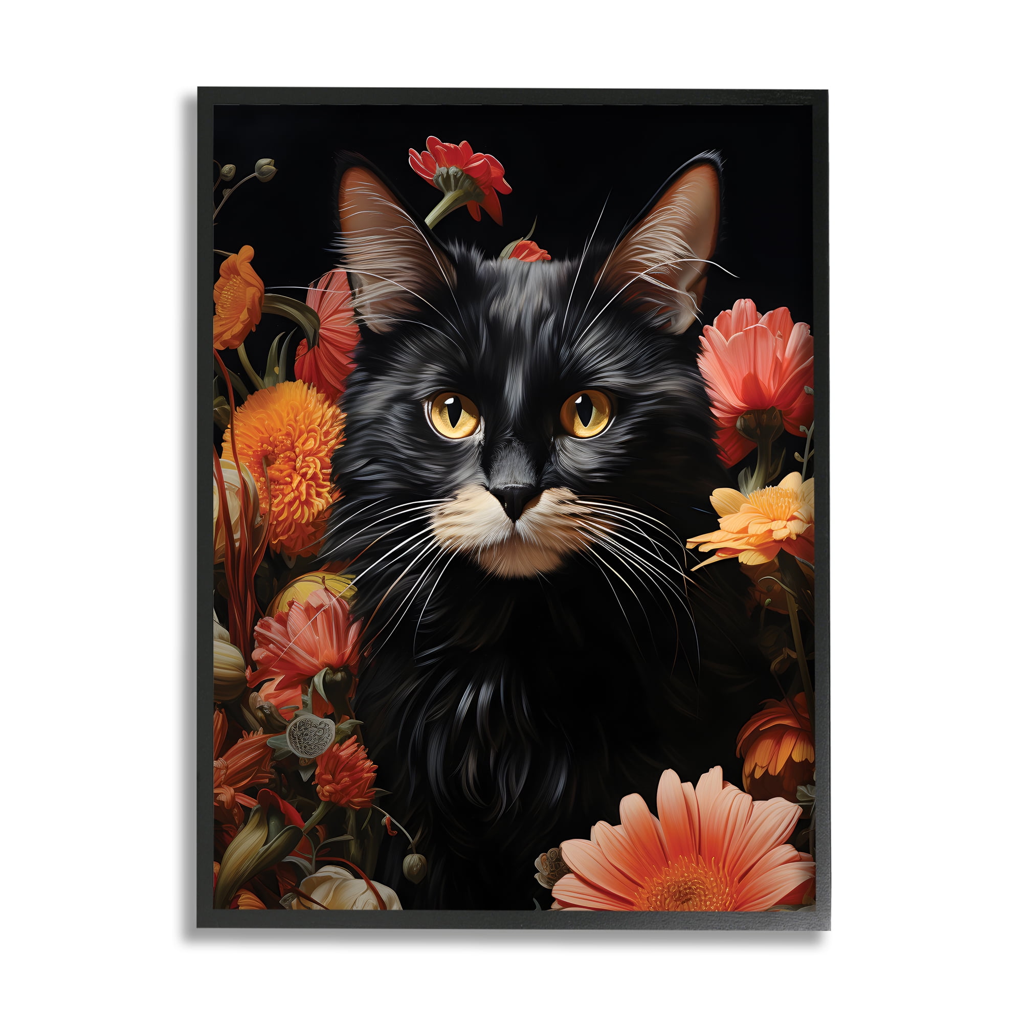 Stupell Industries Cat & Blooming Flowers Animals & Insects Painting Black Framed Art Print Wall Art, 24 x 30