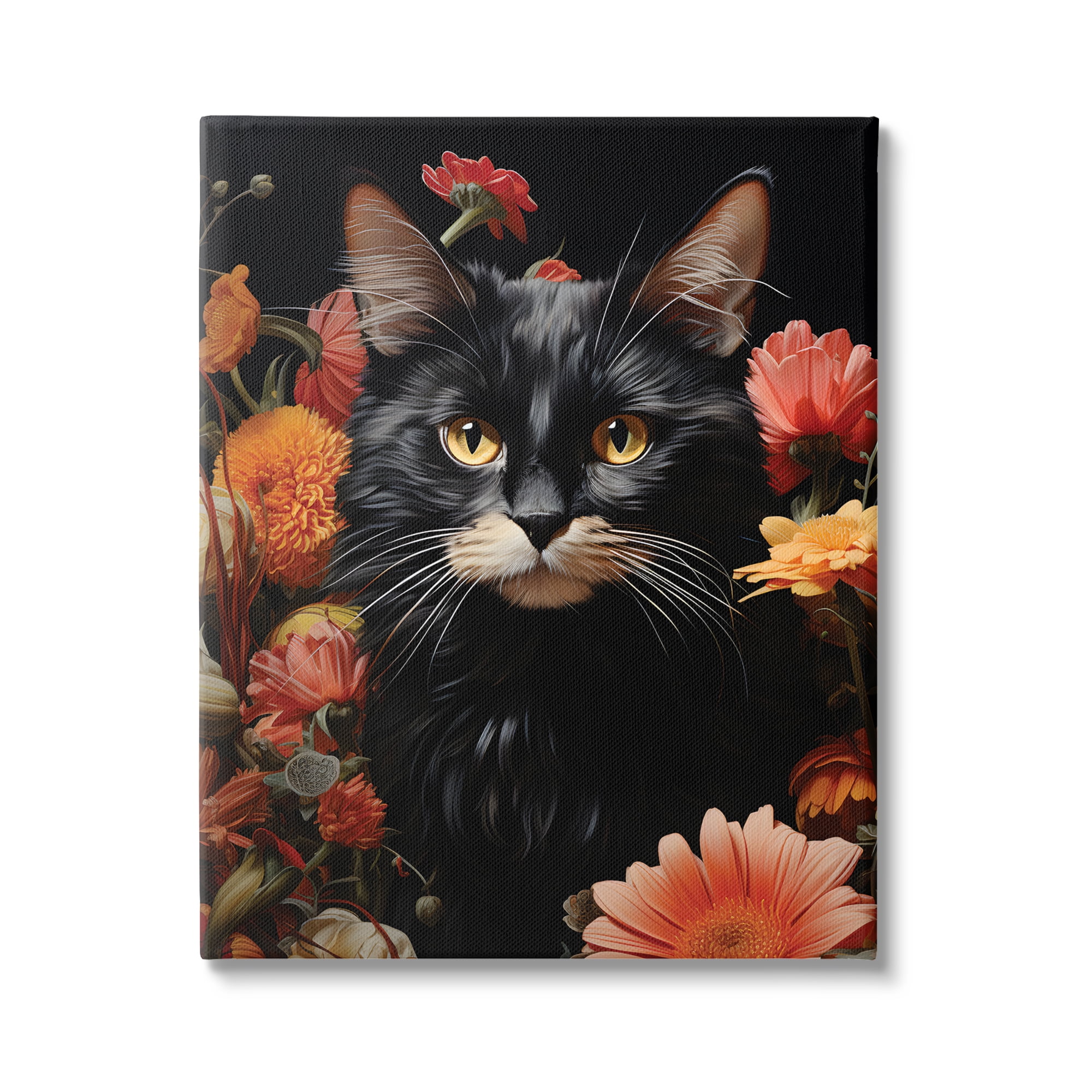 Stupell Industries Cat & Blooming Flowers Animals & Insects Painting Gallery Wrapped Canvas Art Print Wall Art, 30 x 40