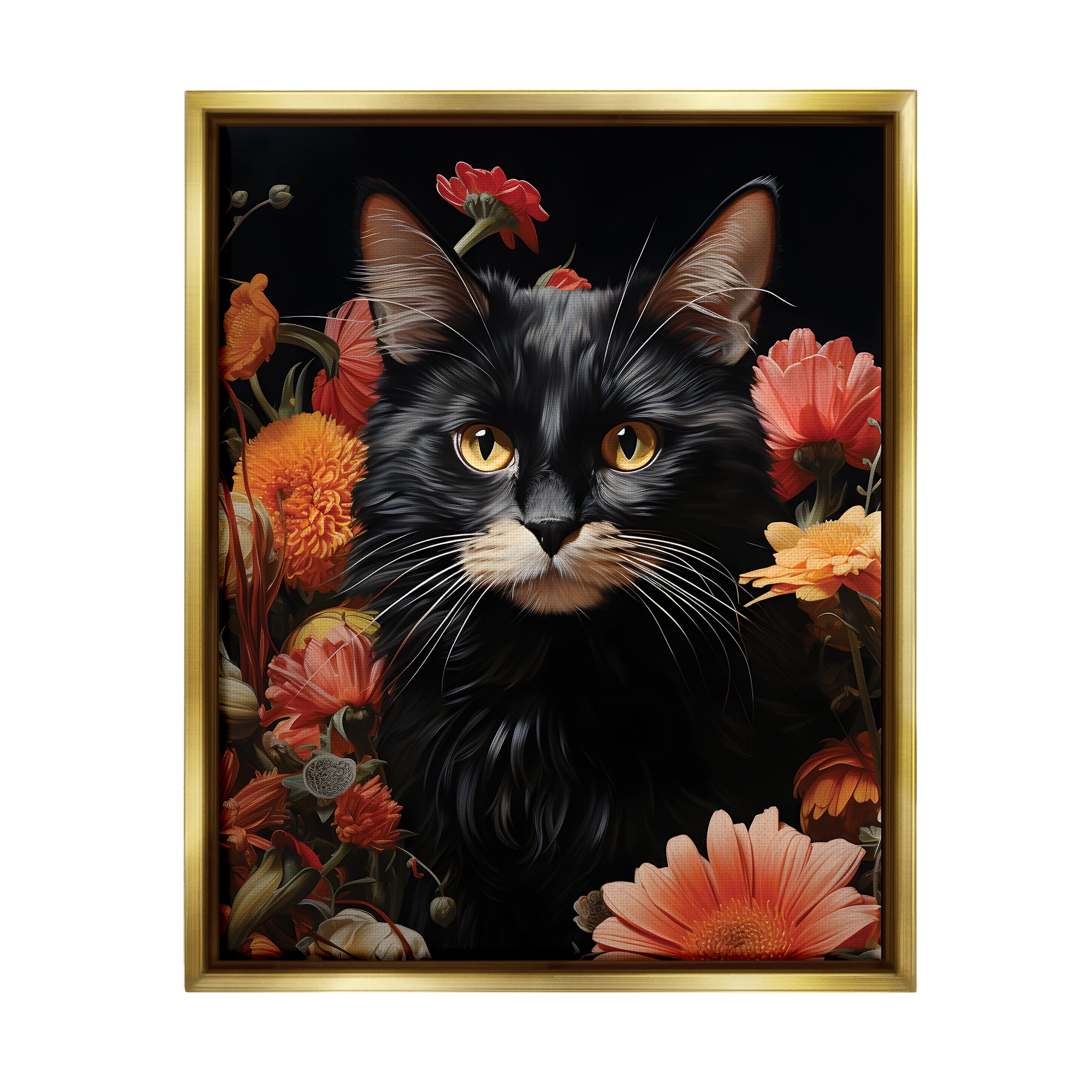 Stupell Industries Cat & Blooming Flowers Animals & Insects Painting Gold Floater Framed Canvas Art Print Wall Art, 17 x 21