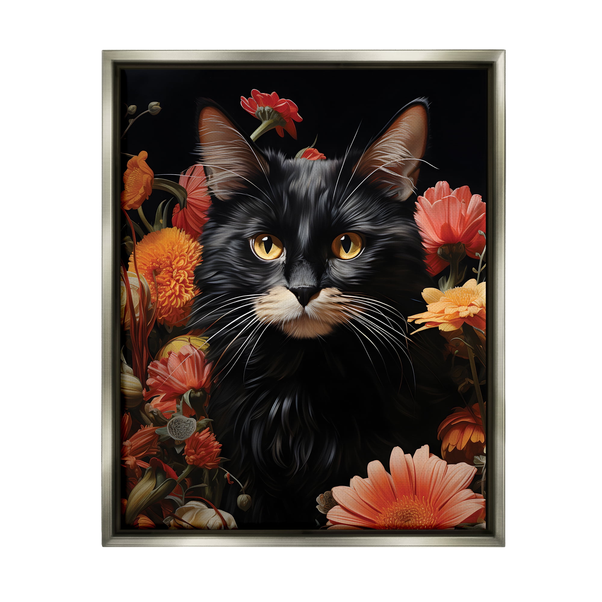 Stupell Industries Cat & Blooming Flowers Animals & Insects Painting Gray Floater Framed Canvas Art Print Wall Art, 25 x 31