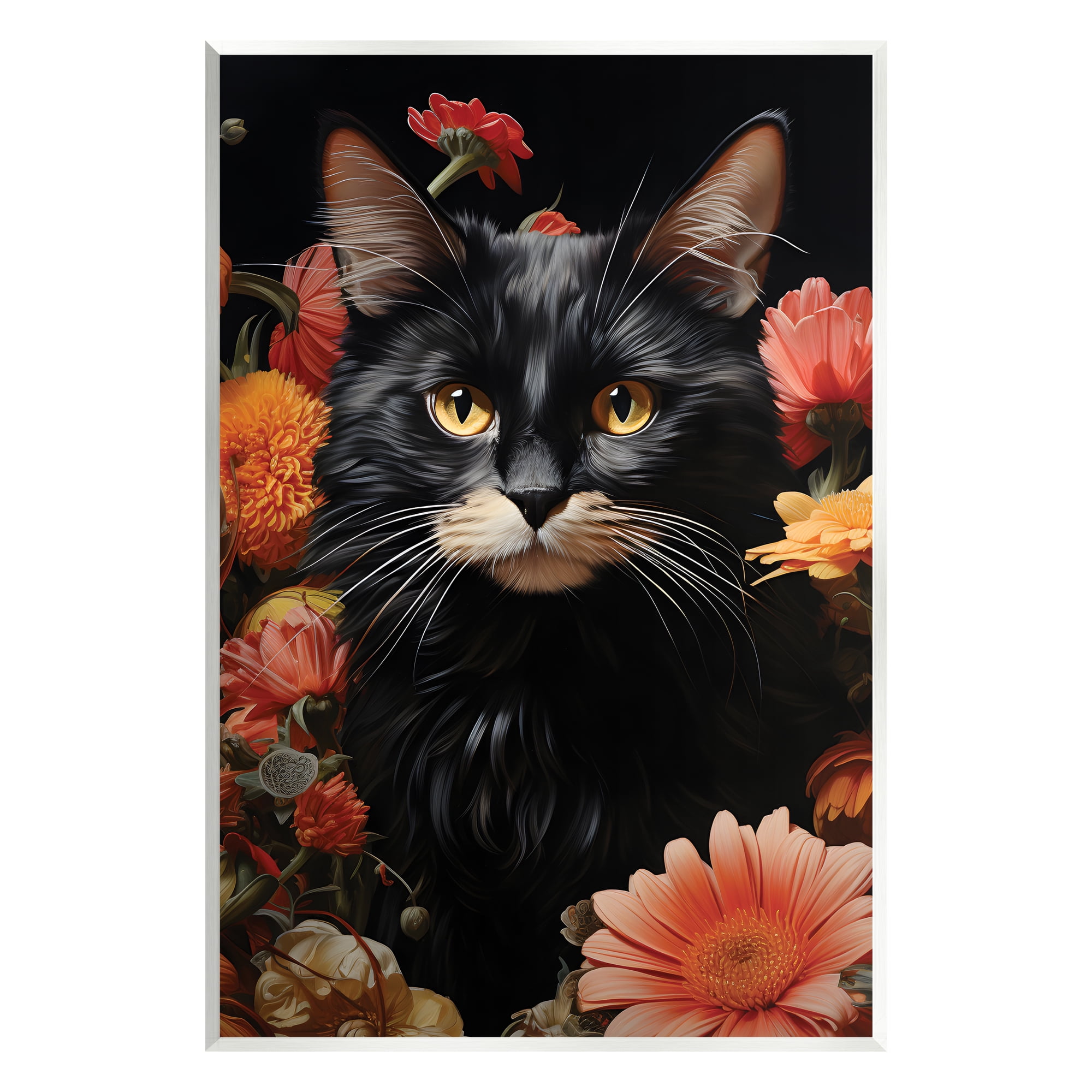 Stupell Industries Cat & Blooming Flowers Animals & Insects Painting Unframed Art Print Wall Art, 10 x 15