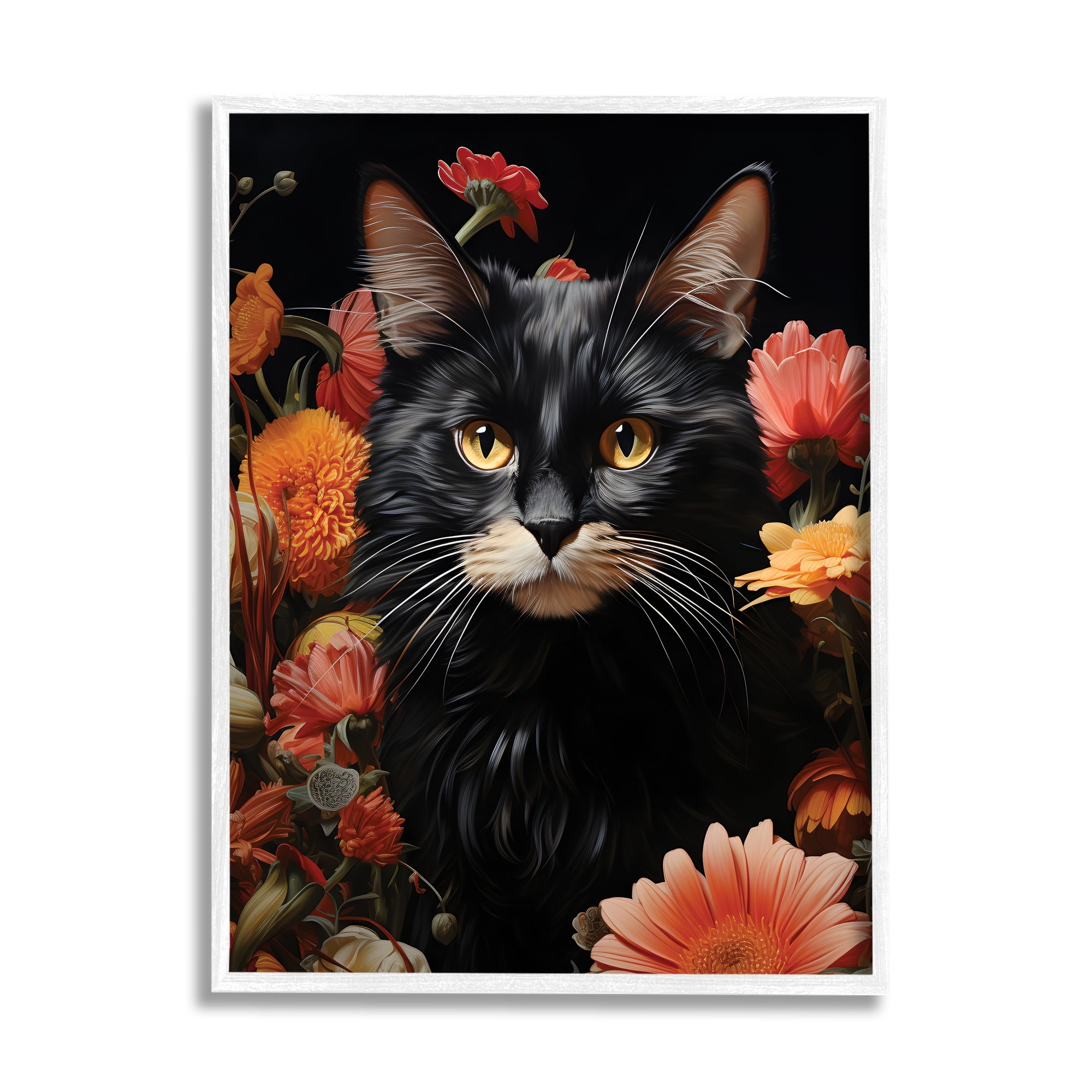 Stupell Industries Cat & Blooming Flowers Animals & Insects Painting White Framed Art Print Wall Art, 16 x 20