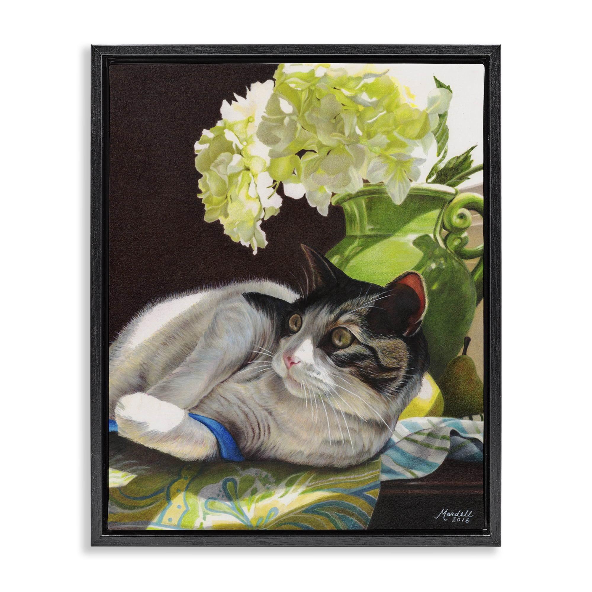 Stupell Industries Cat & Blue Ribbon Animals & Insects Painting Black Floater Framed Canvas Art Print Wall Art, 17 x 21