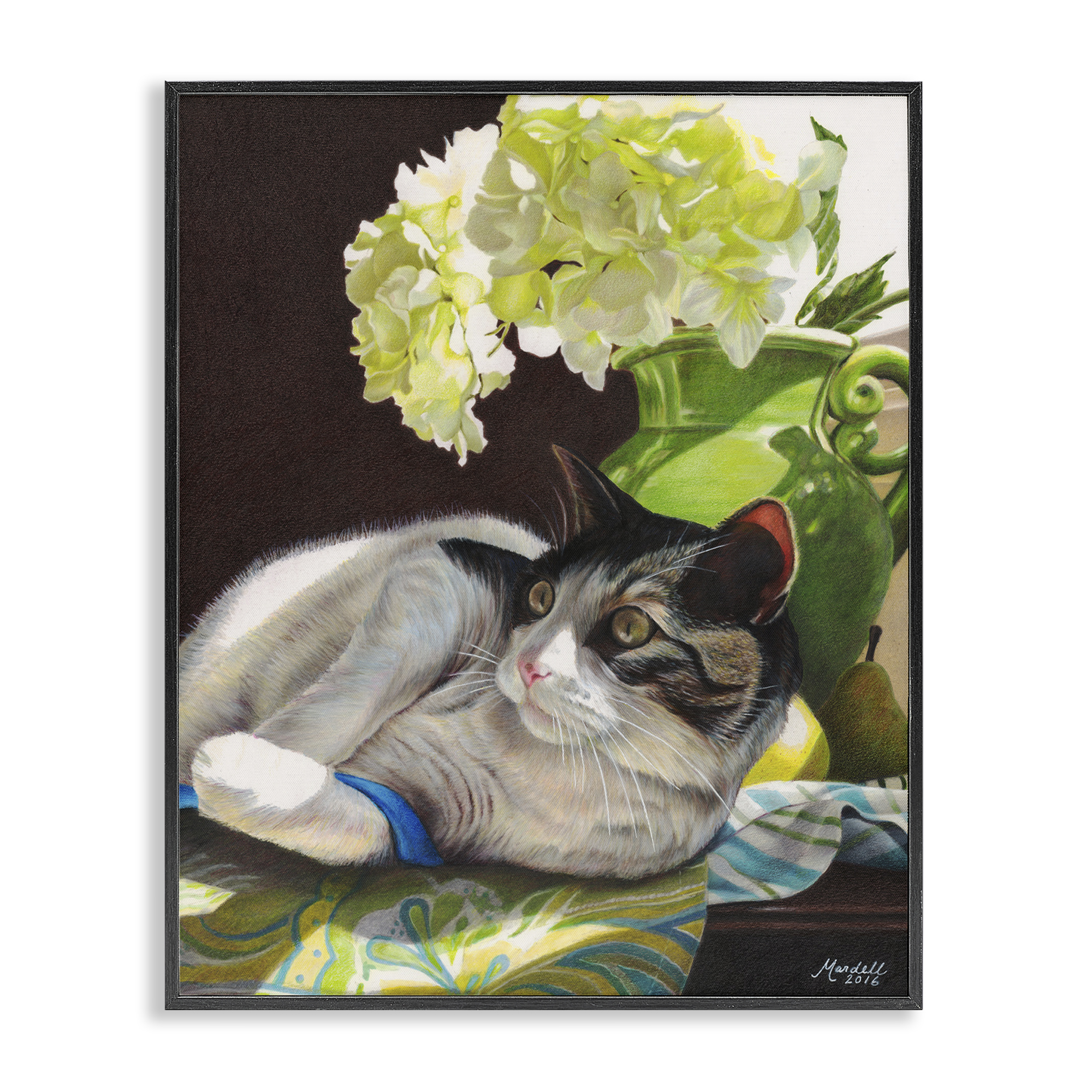 Stupell Industries Cat & Blue Ribbon Animals & Insects Painting Black Framed Art Print Wall Art, 11 x 14