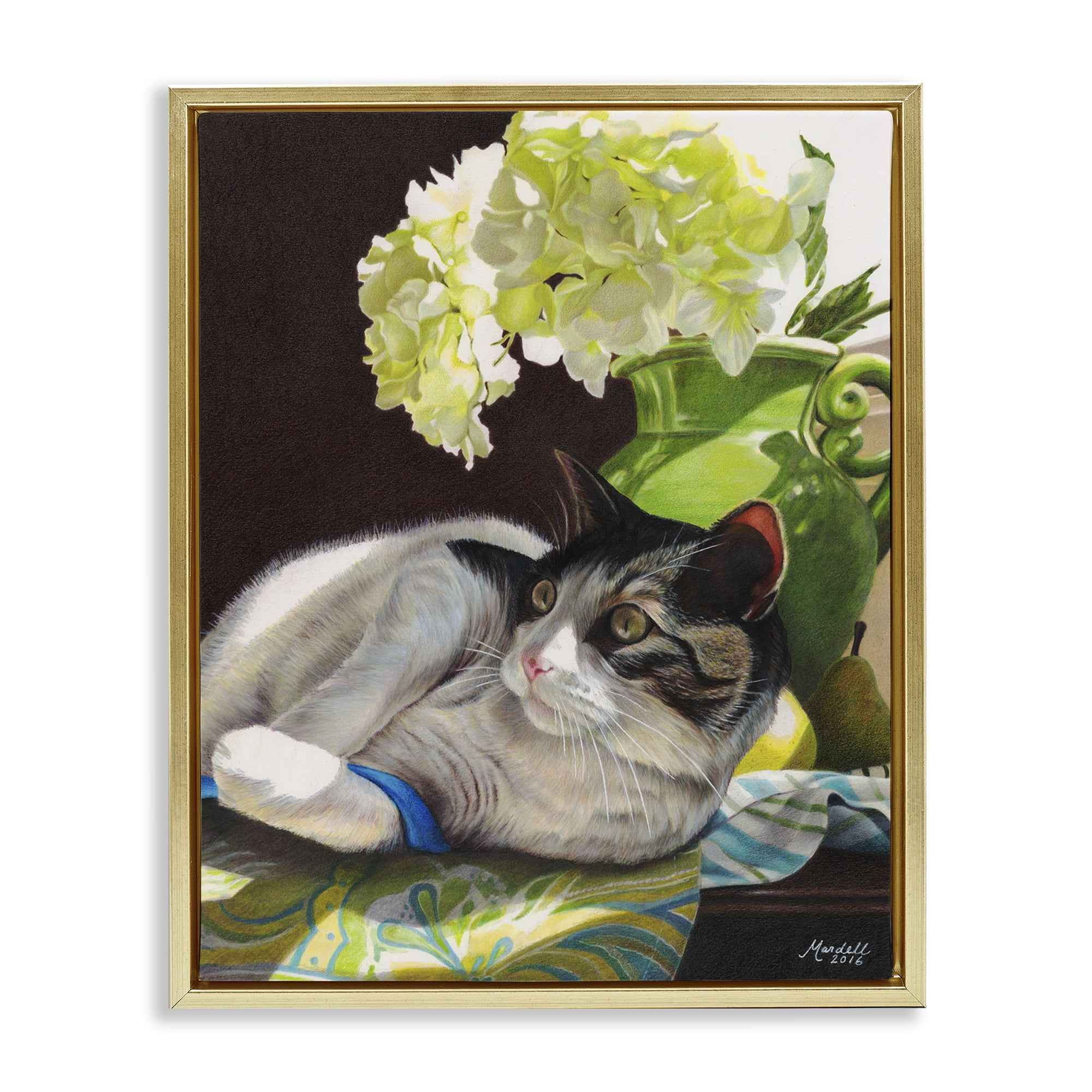 Stupell Industries Cat & Blue Ribbon Animals & Insects Painting Gold Floater Framed Canvas Art Print Wall Art, 25 x 31