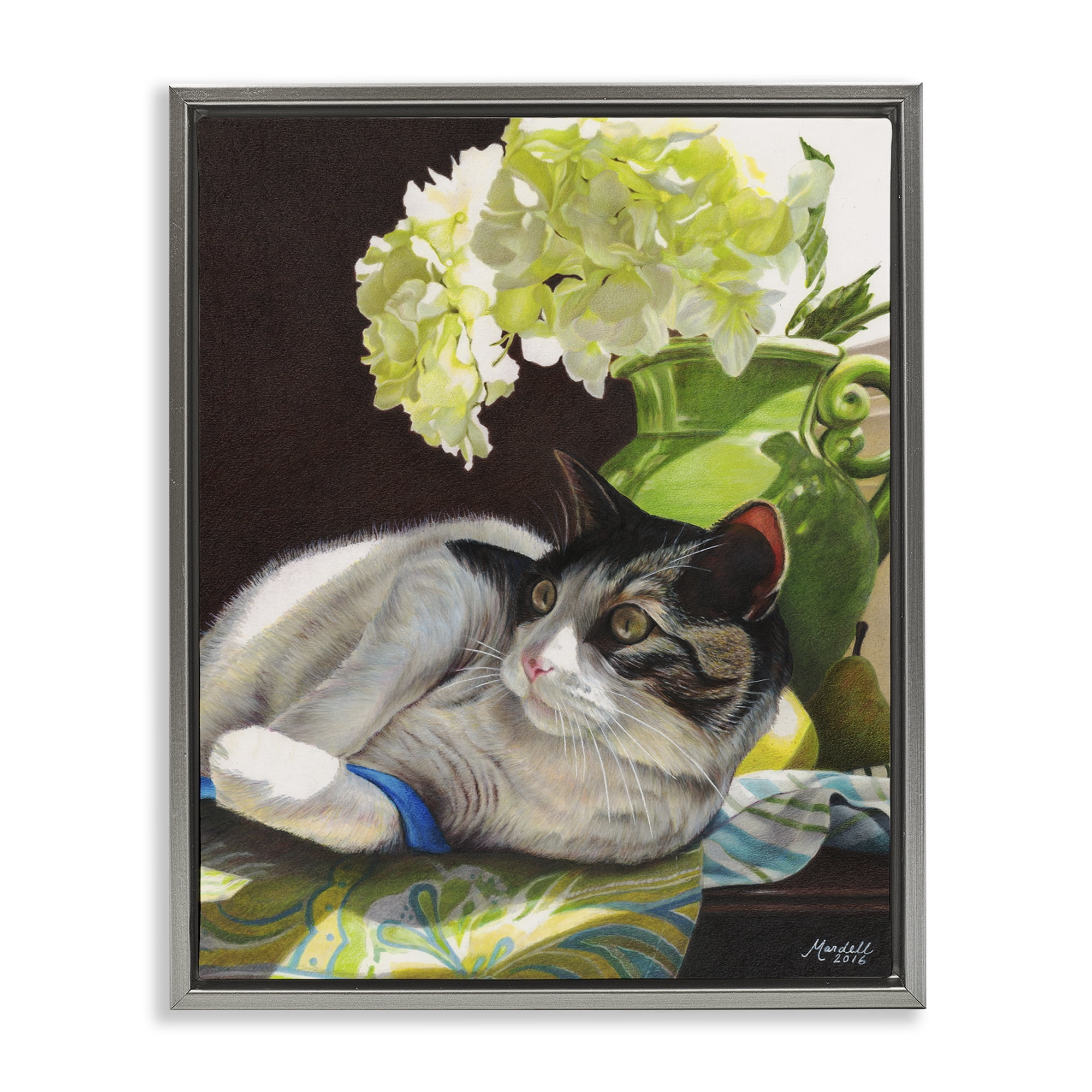Stupell Industries Cat & Blue Ribbon Animals & Insects Painting Gray Floater Framed Canvas Art Print Wall Art, 25 x 31