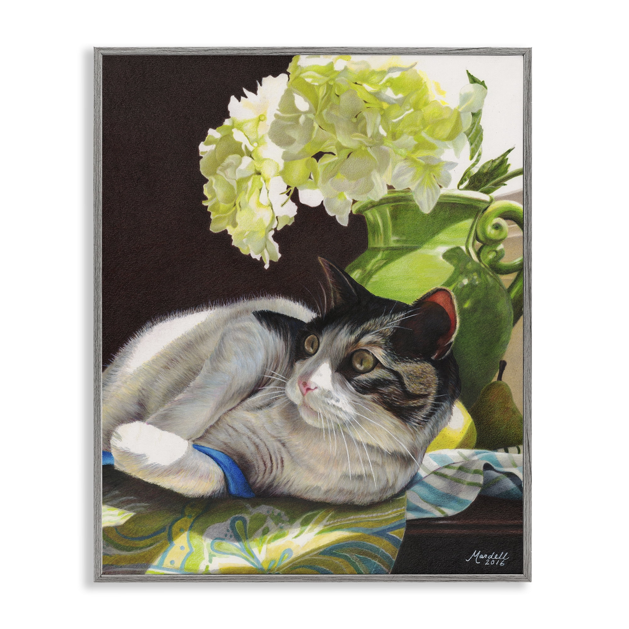 Stupell Industries Cat & Blue Ribbon Animals & Insects Painting Gray Framed Art Print Wall Art, 24 x 30