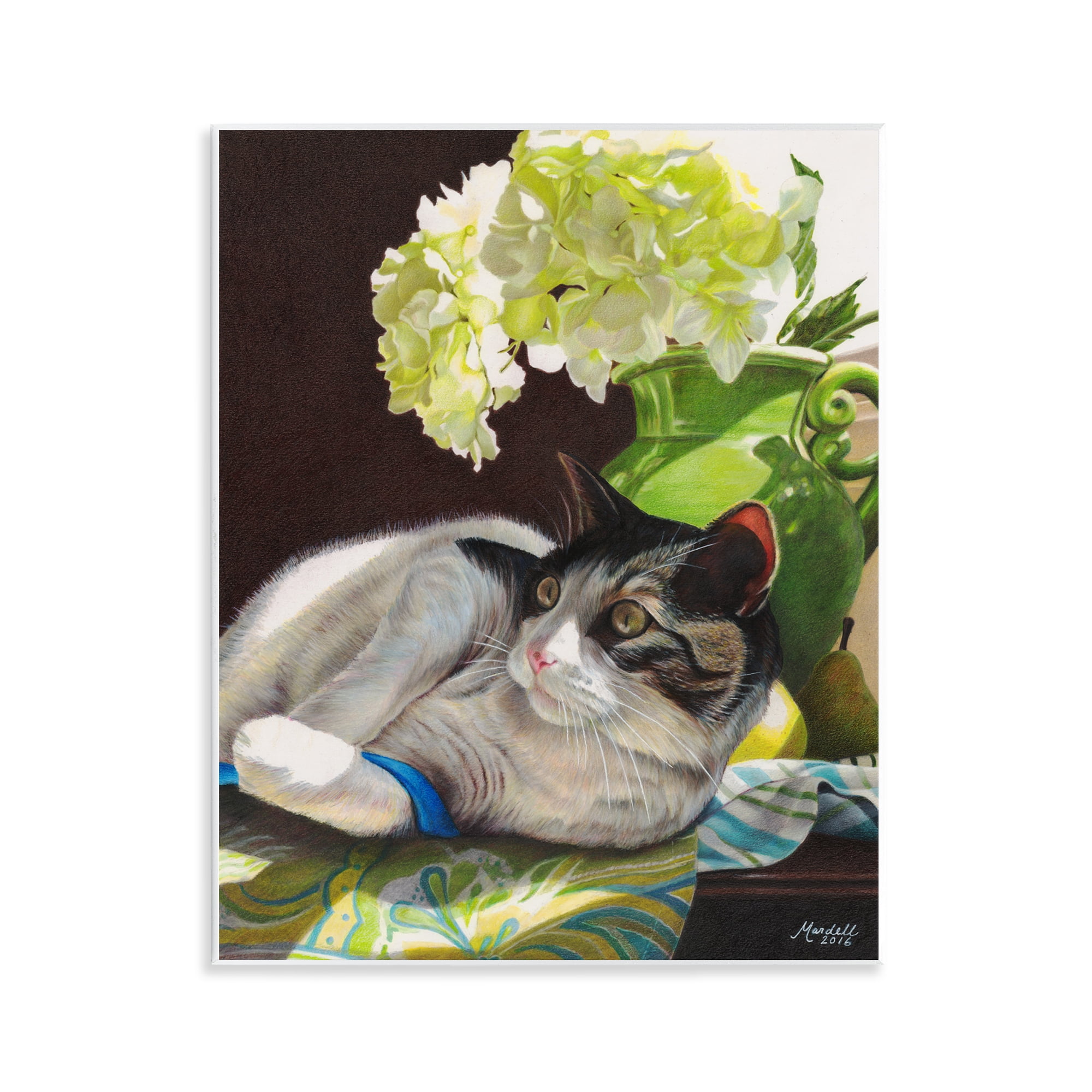 Stupell Industries Cat & Blue Ribbon Animals & Insects Painting Unframed Art Print Wall Art, 11 x 14