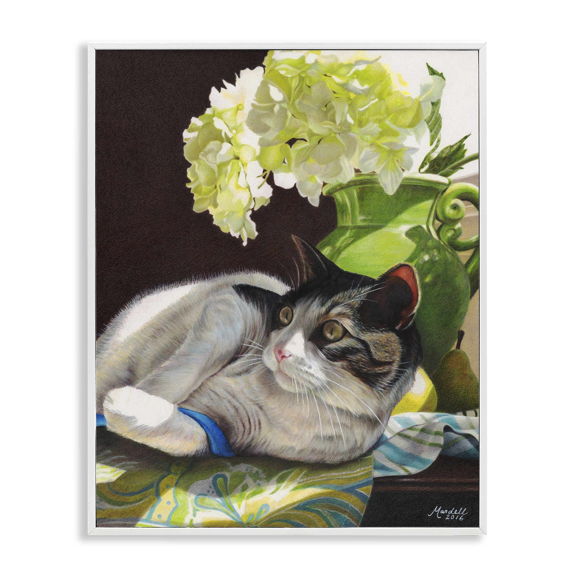 Stupell Industries Cat & Blue Ribbon Animals & Insects Painting White Framed Art Print Wall Art, 24 x 30