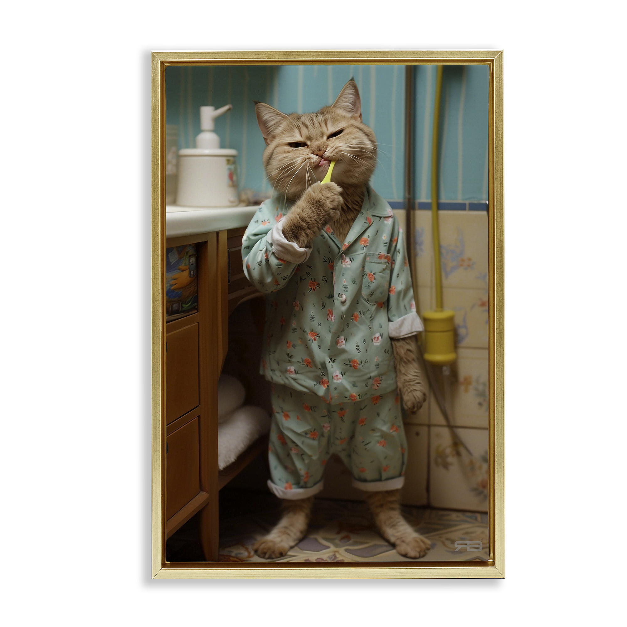 Stupell Industries Cat Brushing Teeth Typography Painting Gold Floater Framed Canvas Art Print Wall Art, 21 x 31