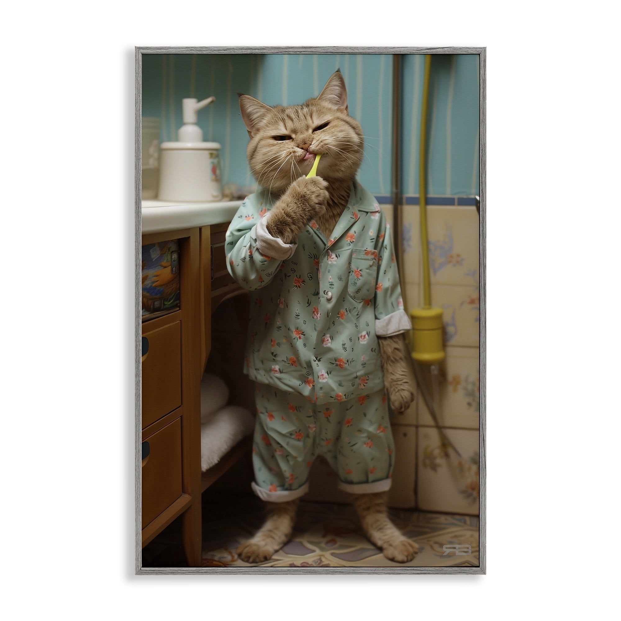Stupell Industries Cat Brushing Teeth Typography Painting Gray Framed Art Print Wall Art, 12 x 18